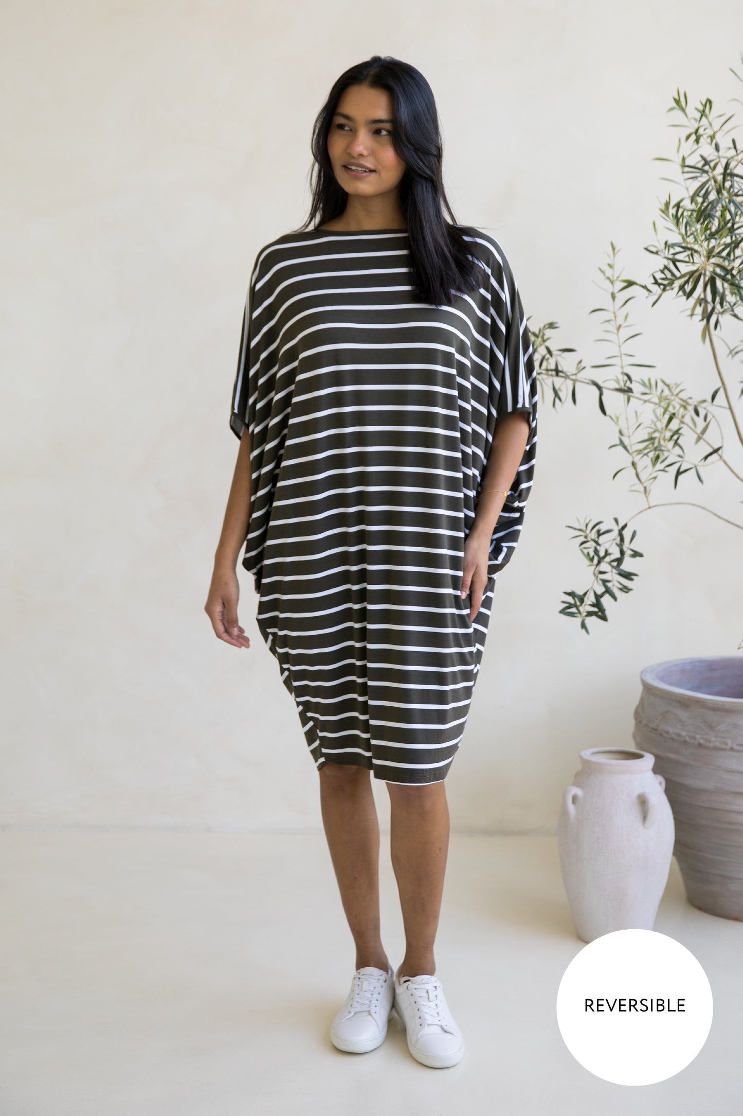 Miracle Dress | Moss Green/White Stripe