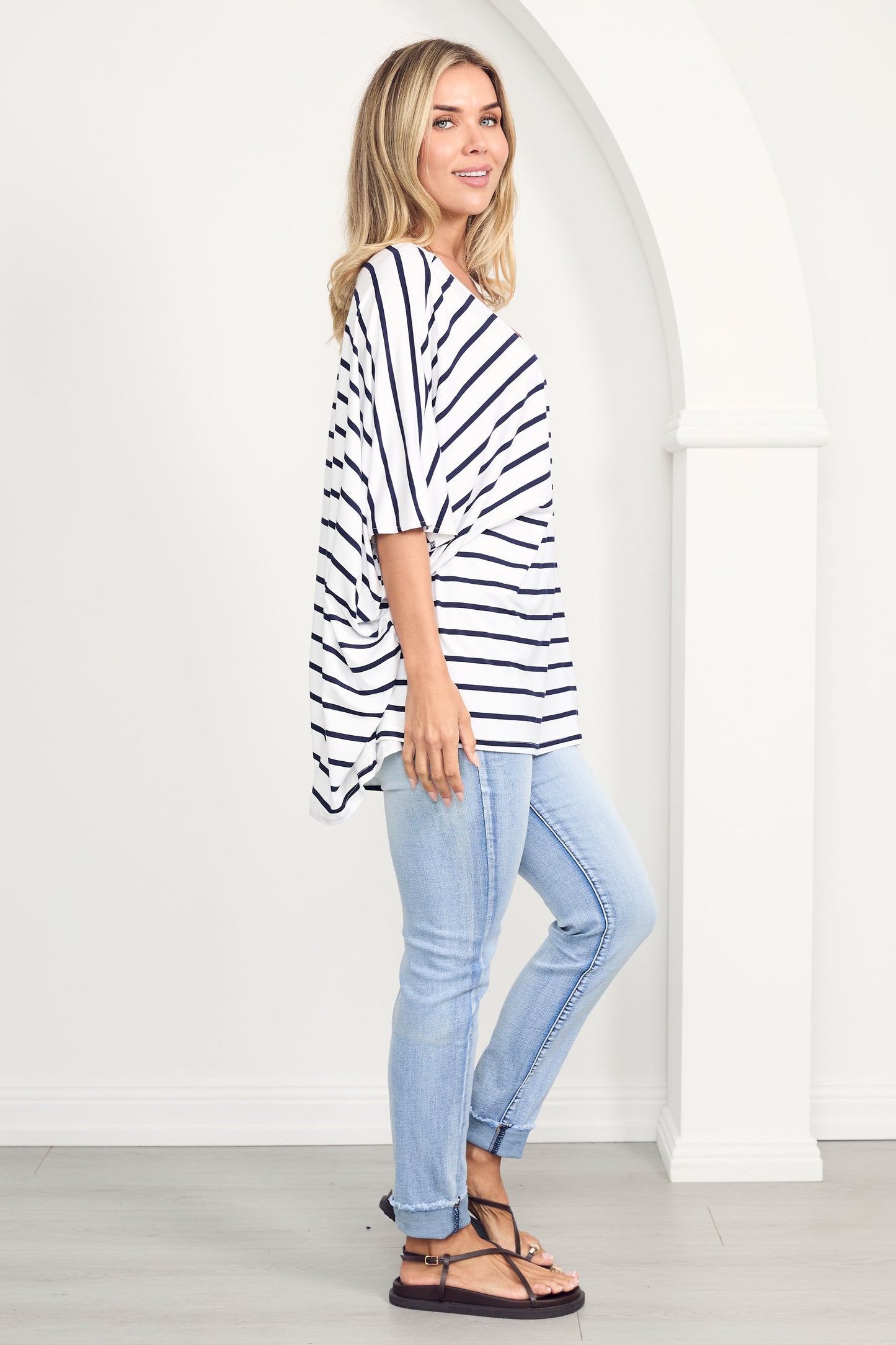 NICE Bamboo Short Sleeve Classic/Longline Top | White/Navy Stripe