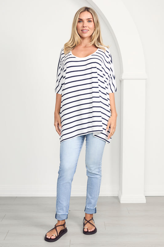NICE Bamboo Short Sleeve Classic/Longline Top | White/Navy Stripe