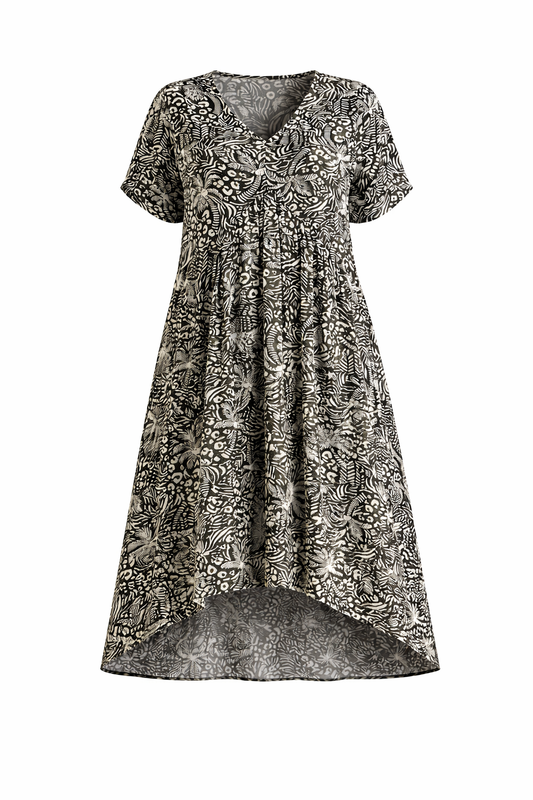 PEAK Rayon Short Sleeve Hi Lo Maxi Dress | Black Palm Cove | FINAL SALE