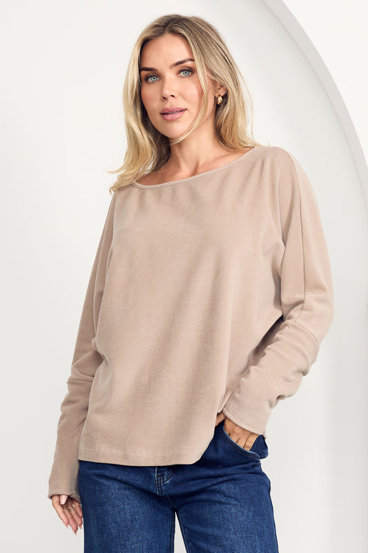 PENNIE Knit Long Sleeve Classic Length Top | Taupe