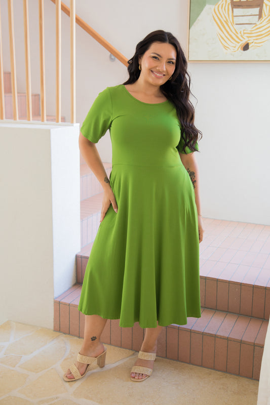 PENELOPE Bamboo Short Sleeve Classic/Midi Dress | Cucumber Martini | FINAL SALE