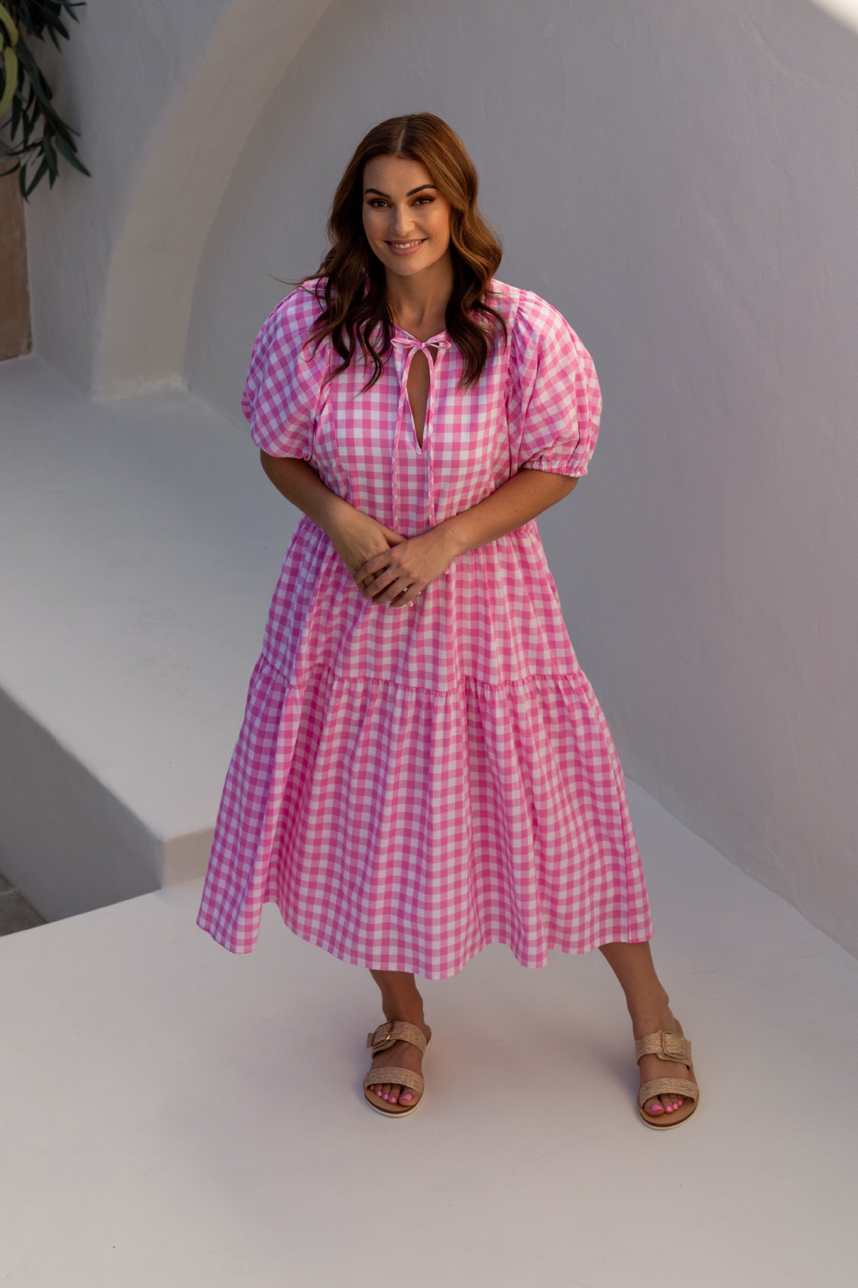 Plus size pink midi clearance dress