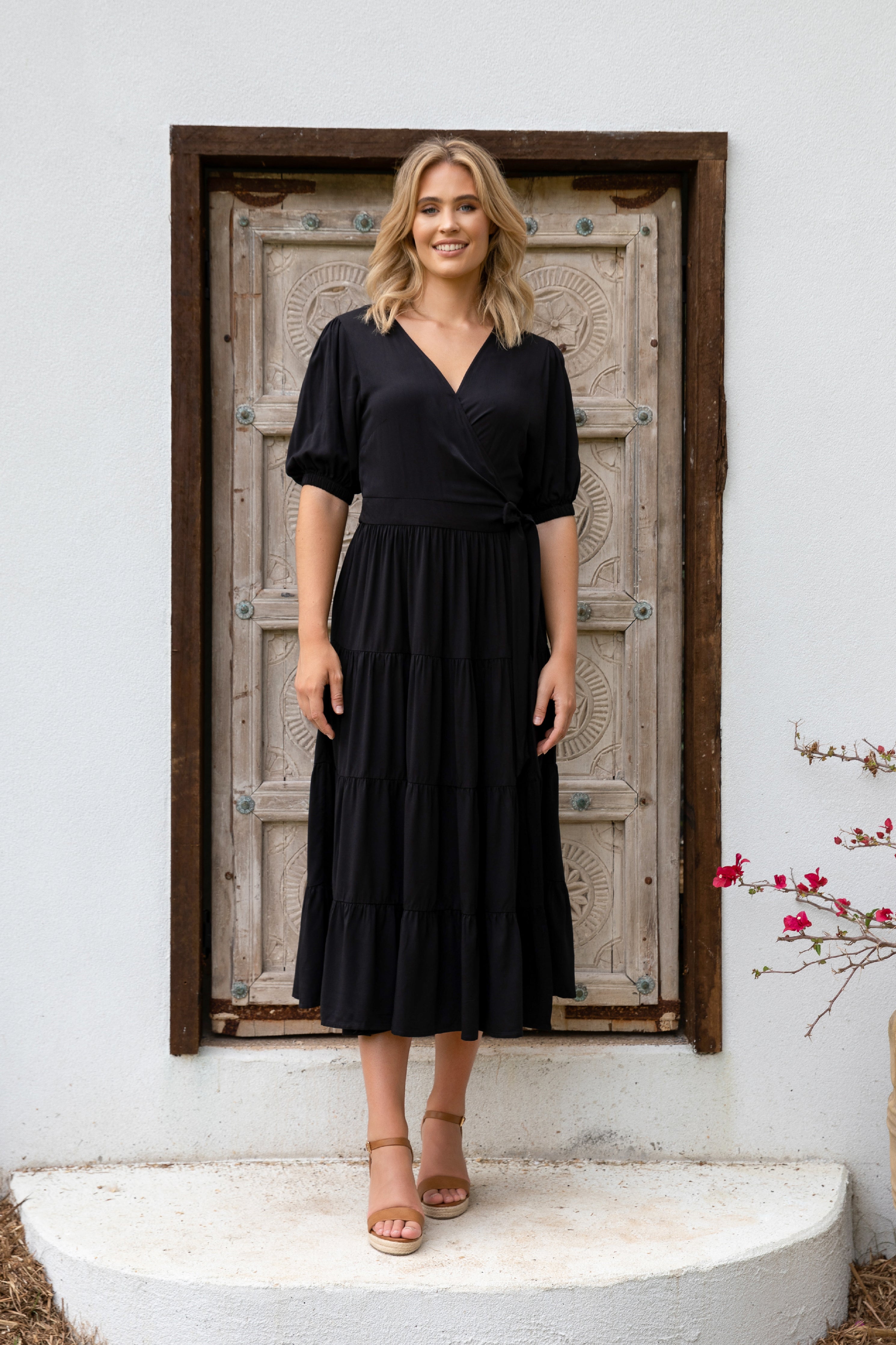 Black ruffle best sale tea dress