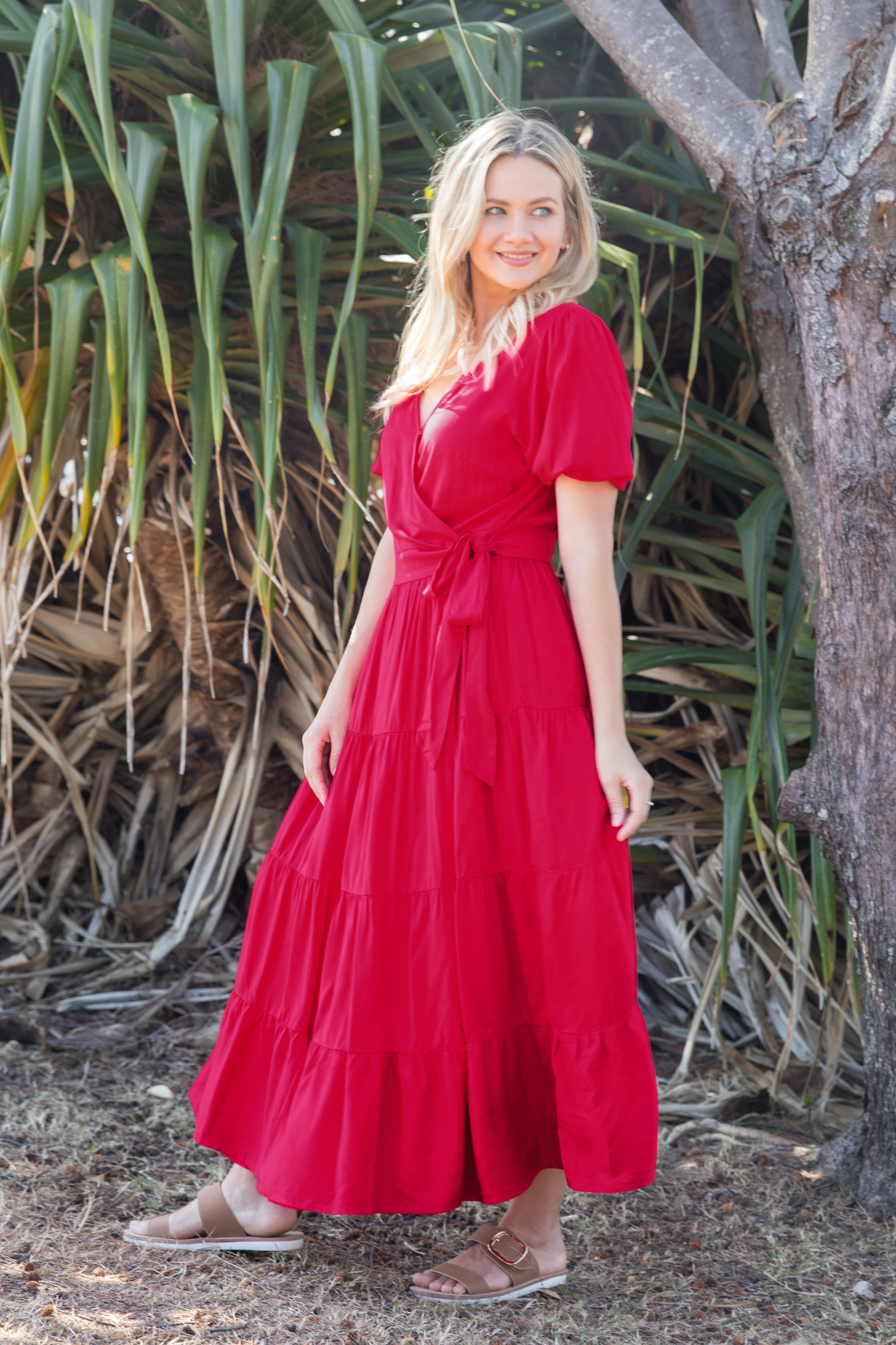 Red ruffle sale wrap dress