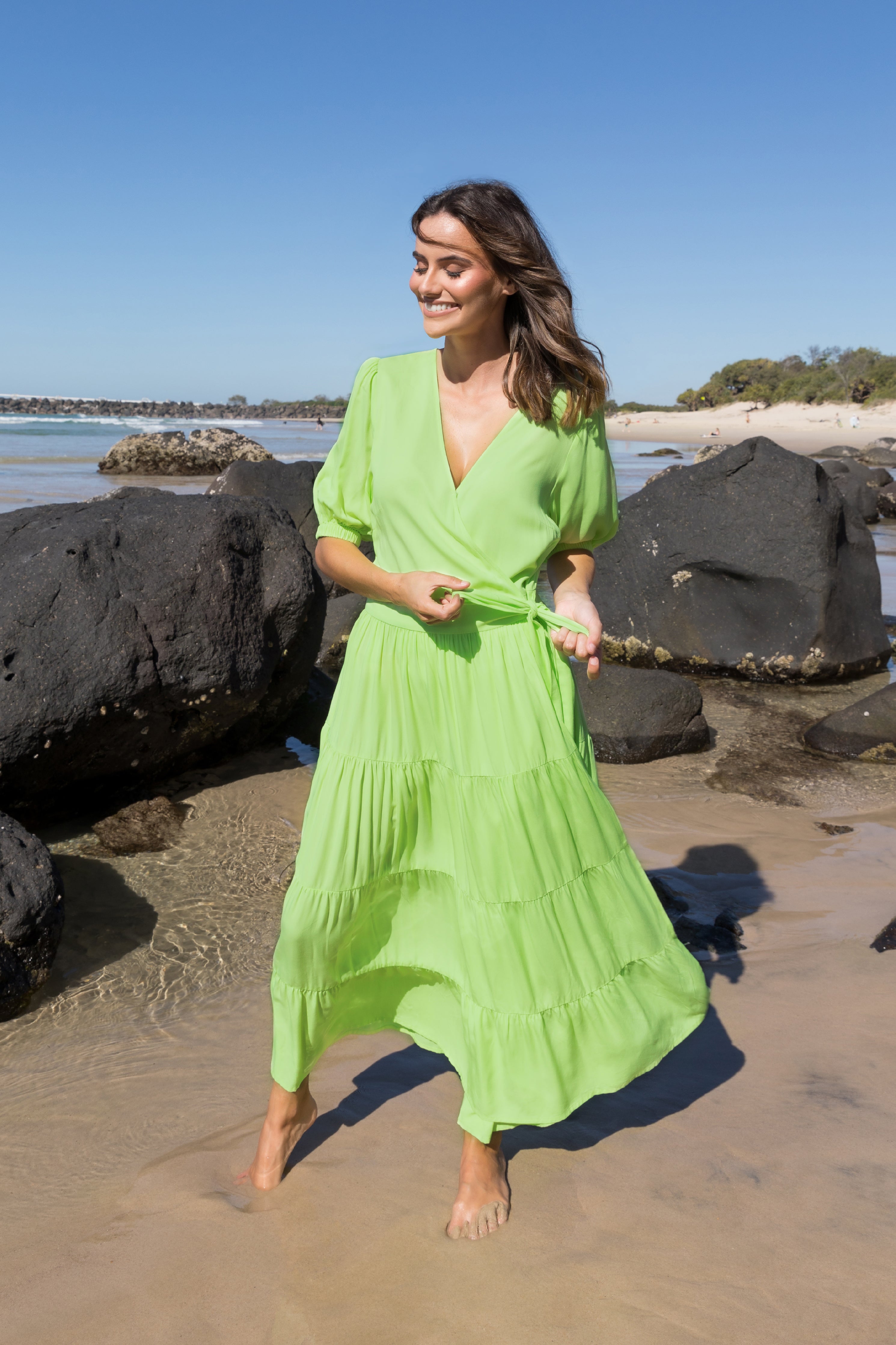 Plus Sized Green Dresses PQ Collection Ruffle Wrap Dress Lime