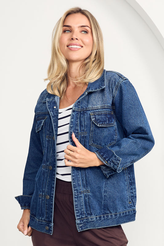 SIGNATURE RELAXED Denim Long Sleeve Classic Length Jacket | Mid/Dark Wash Denim