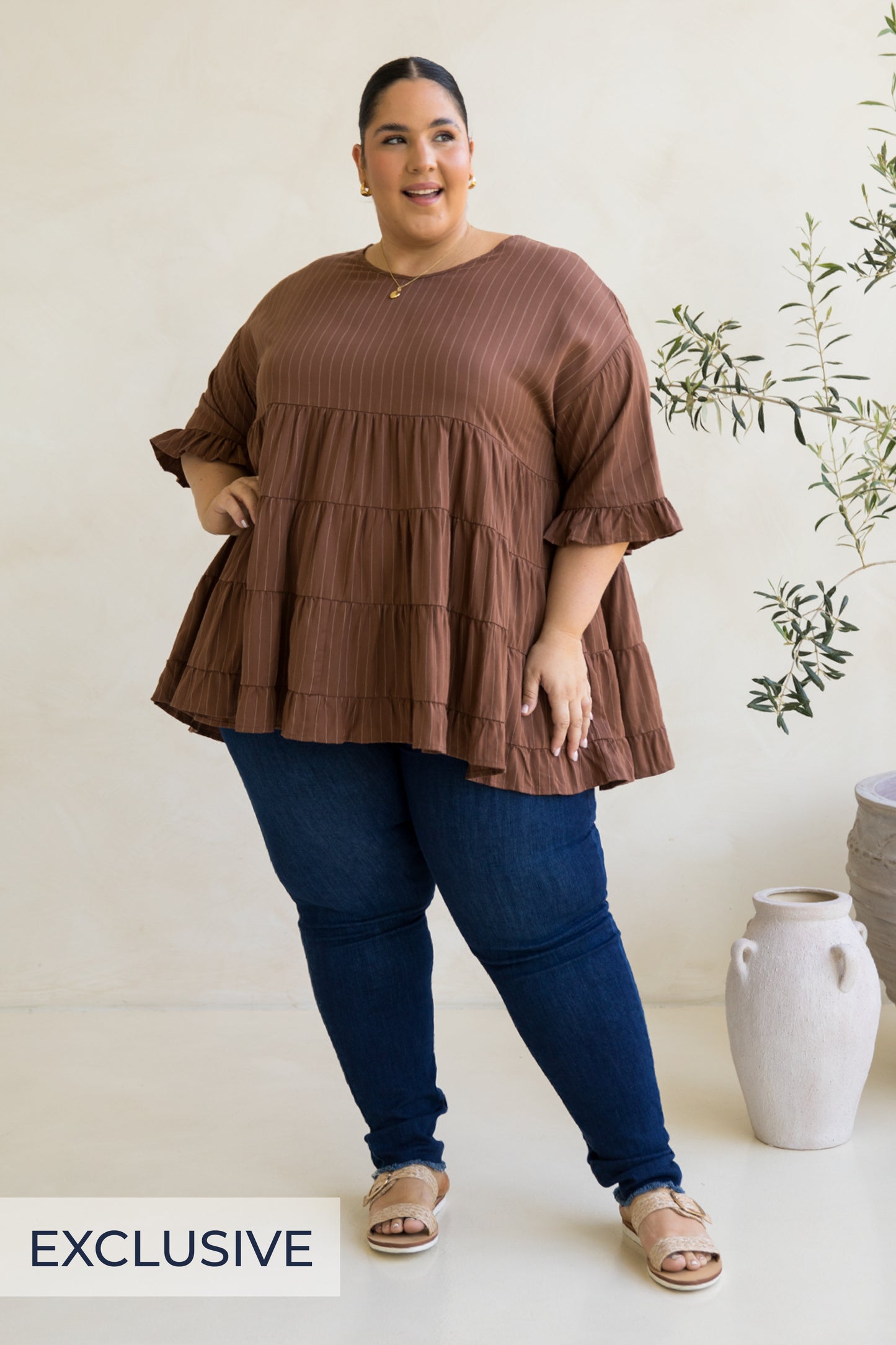 Sofia Top | Coffee Pinstripe