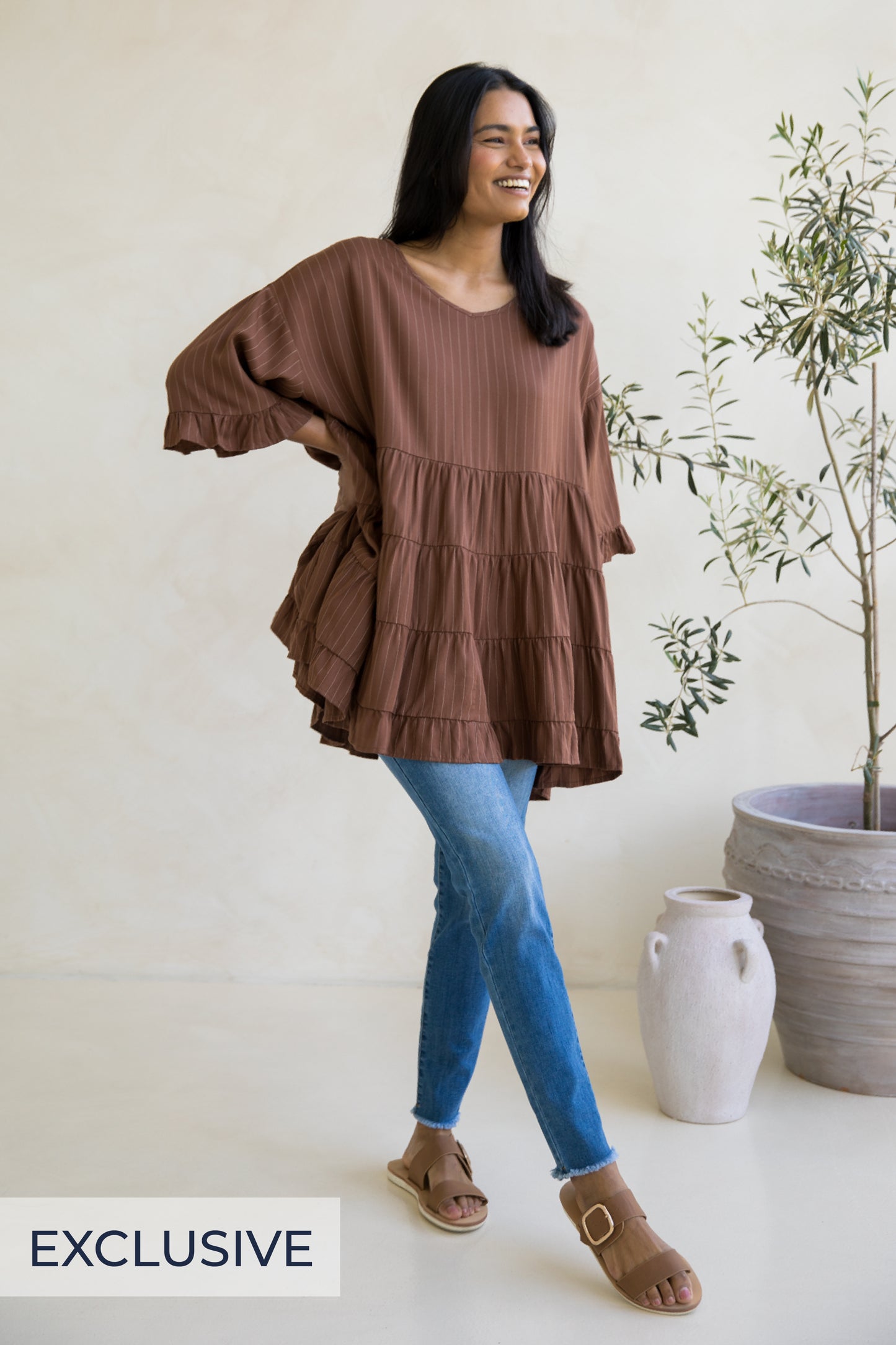 Sofia Top | Coffee Pinstripe