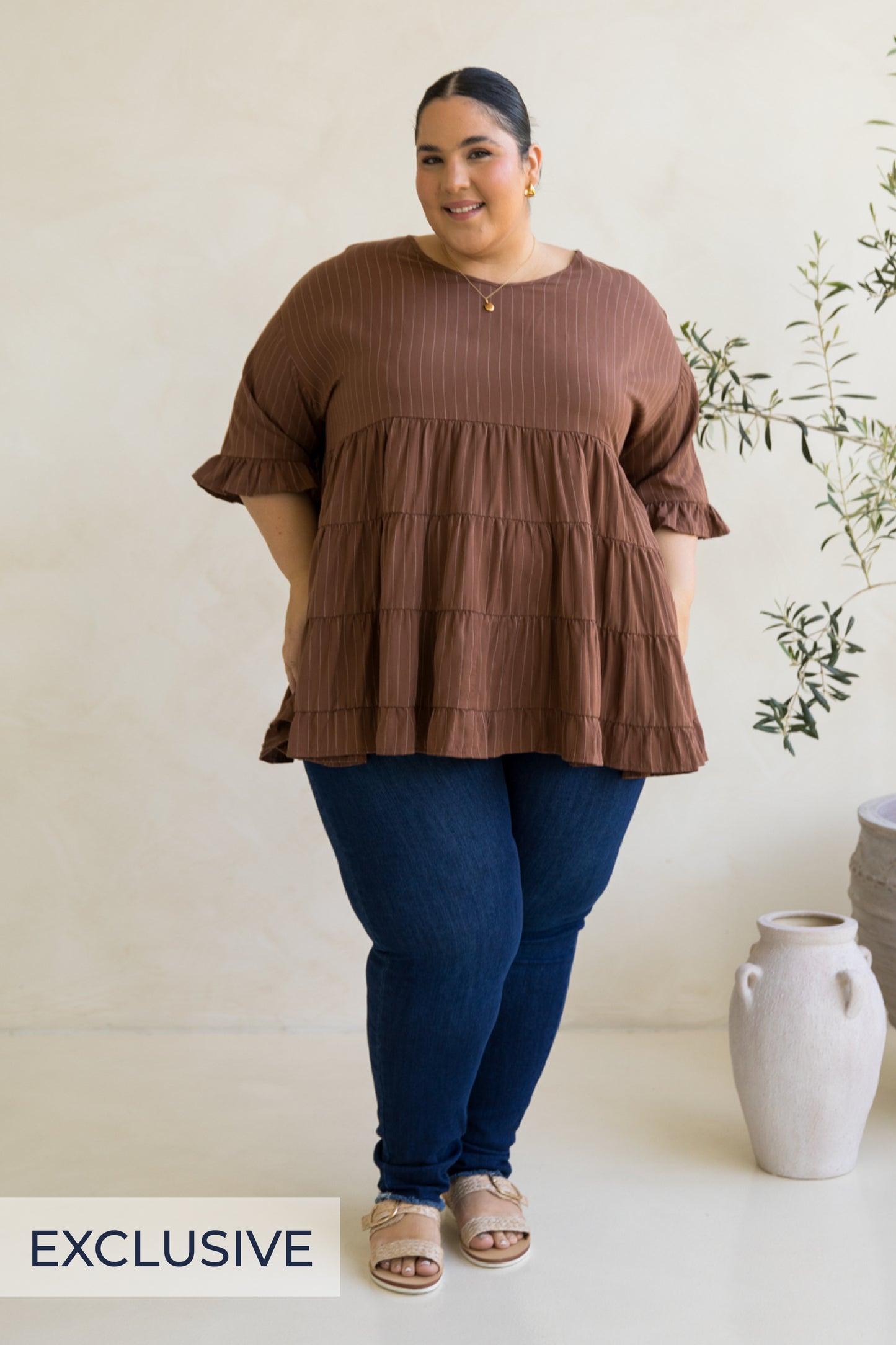 Sofia Top | Coffee Pinstripe