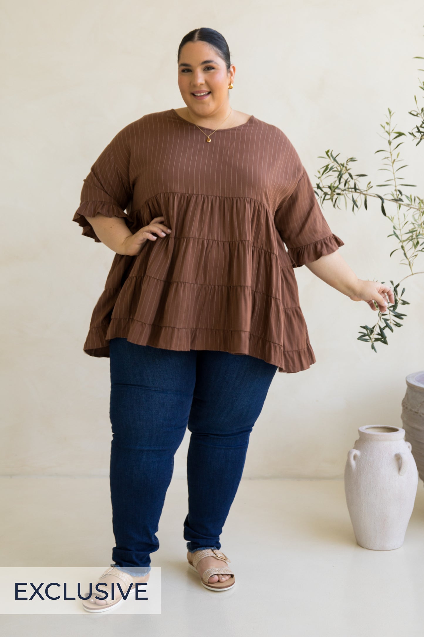 Sofia Top | Coffee Pinstripe