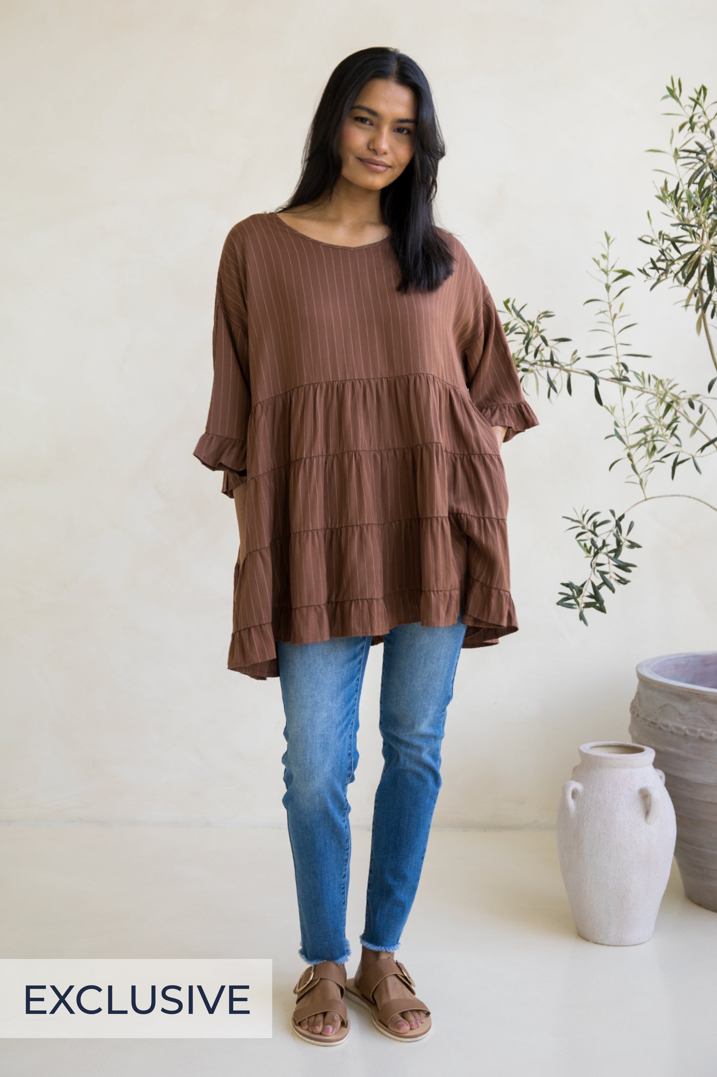 Sofia Top | Coffee Pinstripe