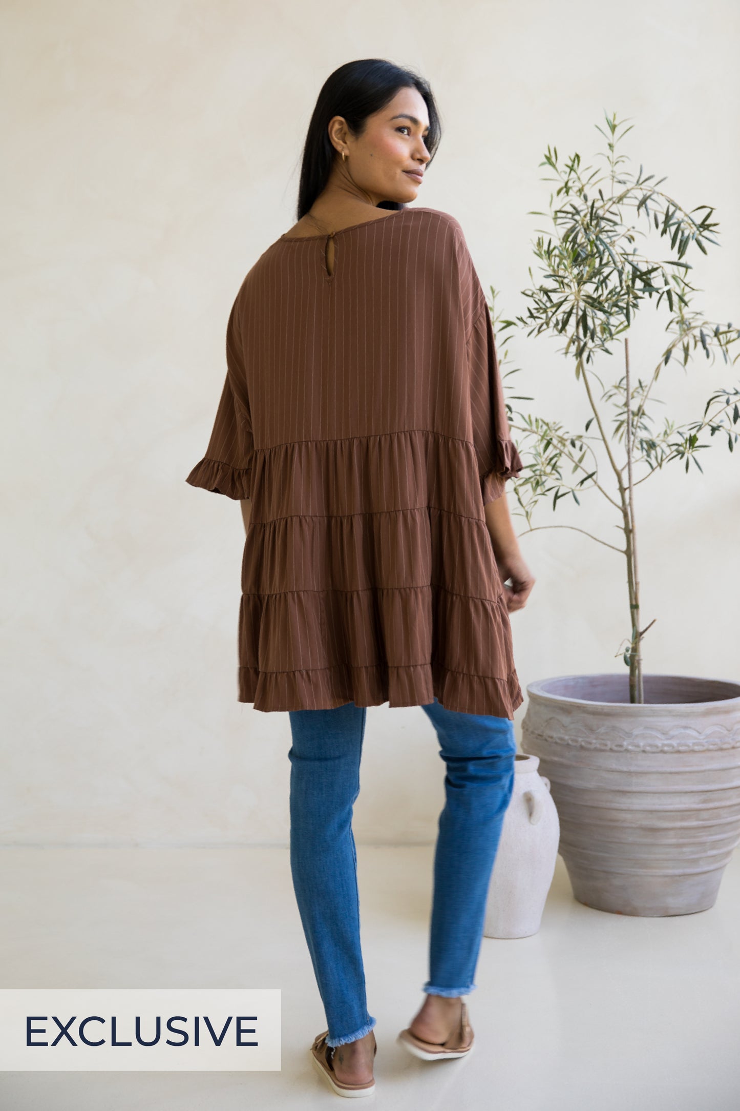 Sofia Top | Coffee Pinstripe