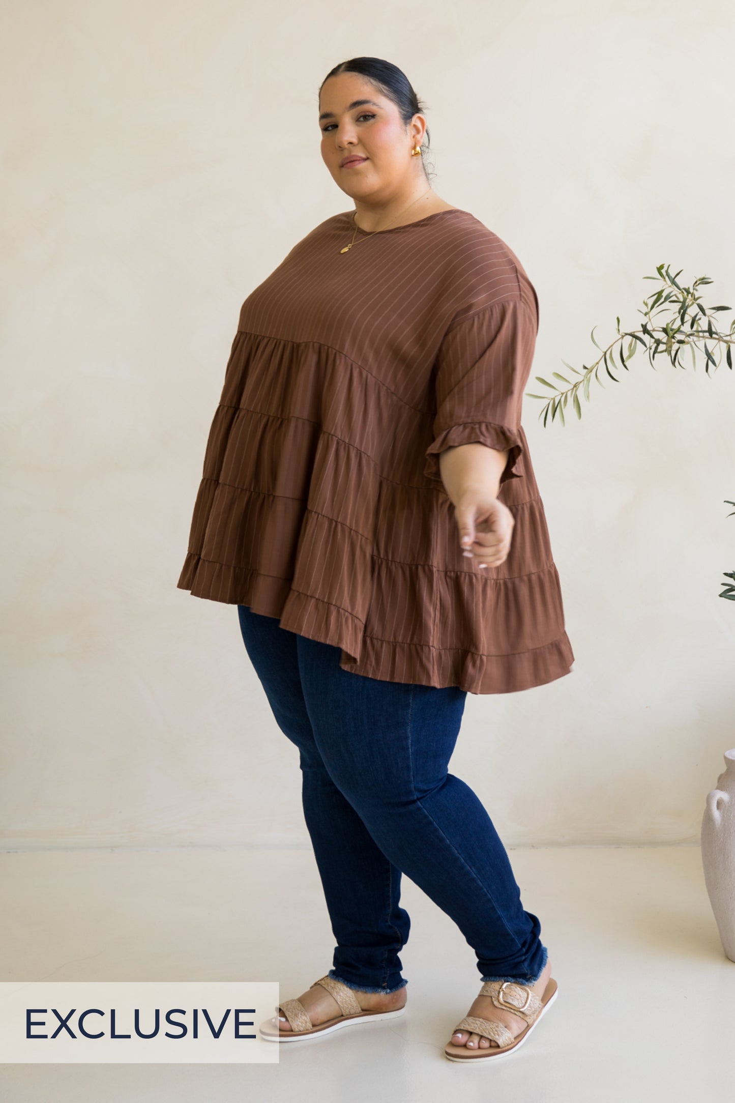 Sofia Top | Coffee Pinstripe