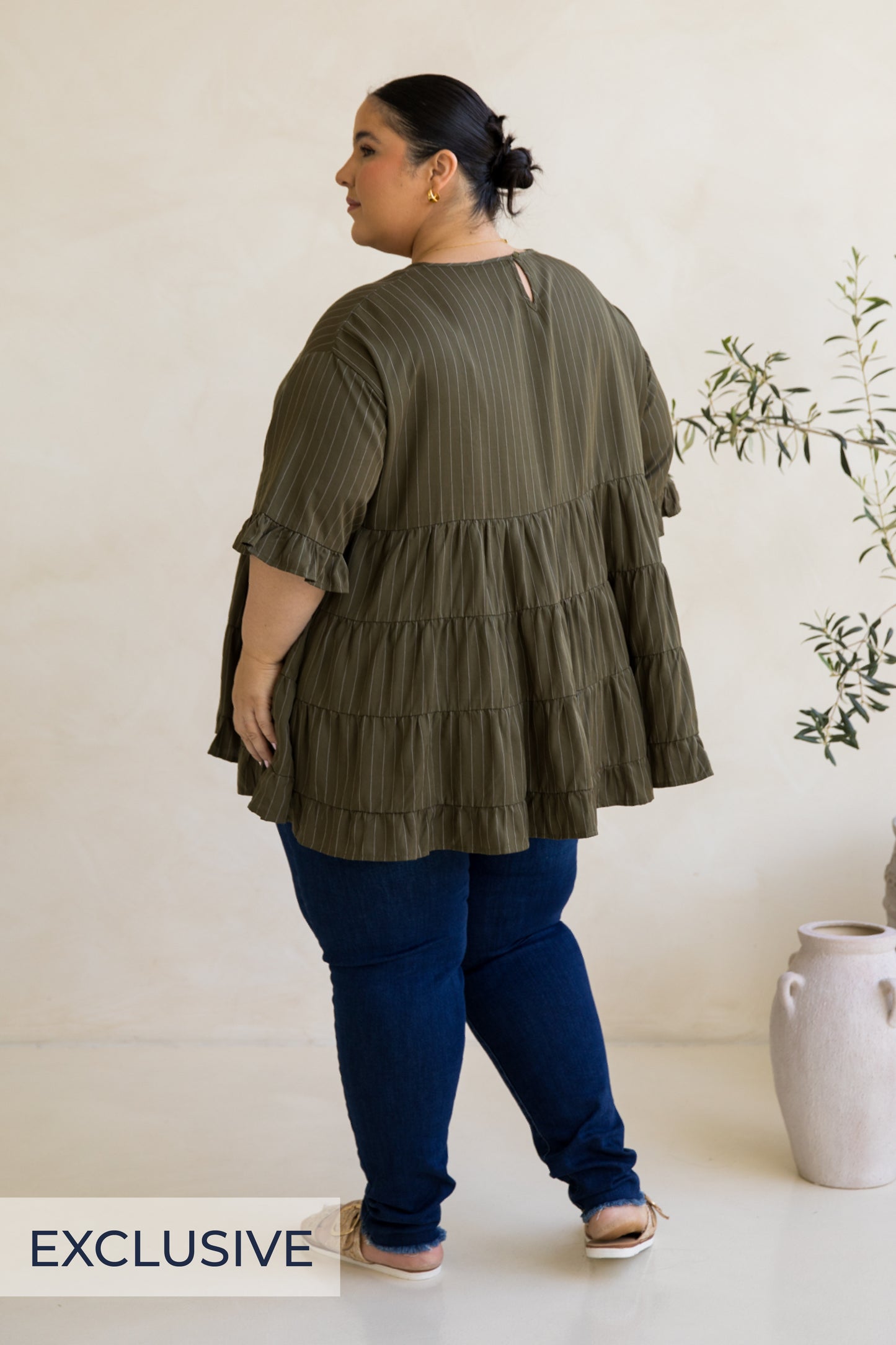 Sofia Top | Moss Green Pinstripe