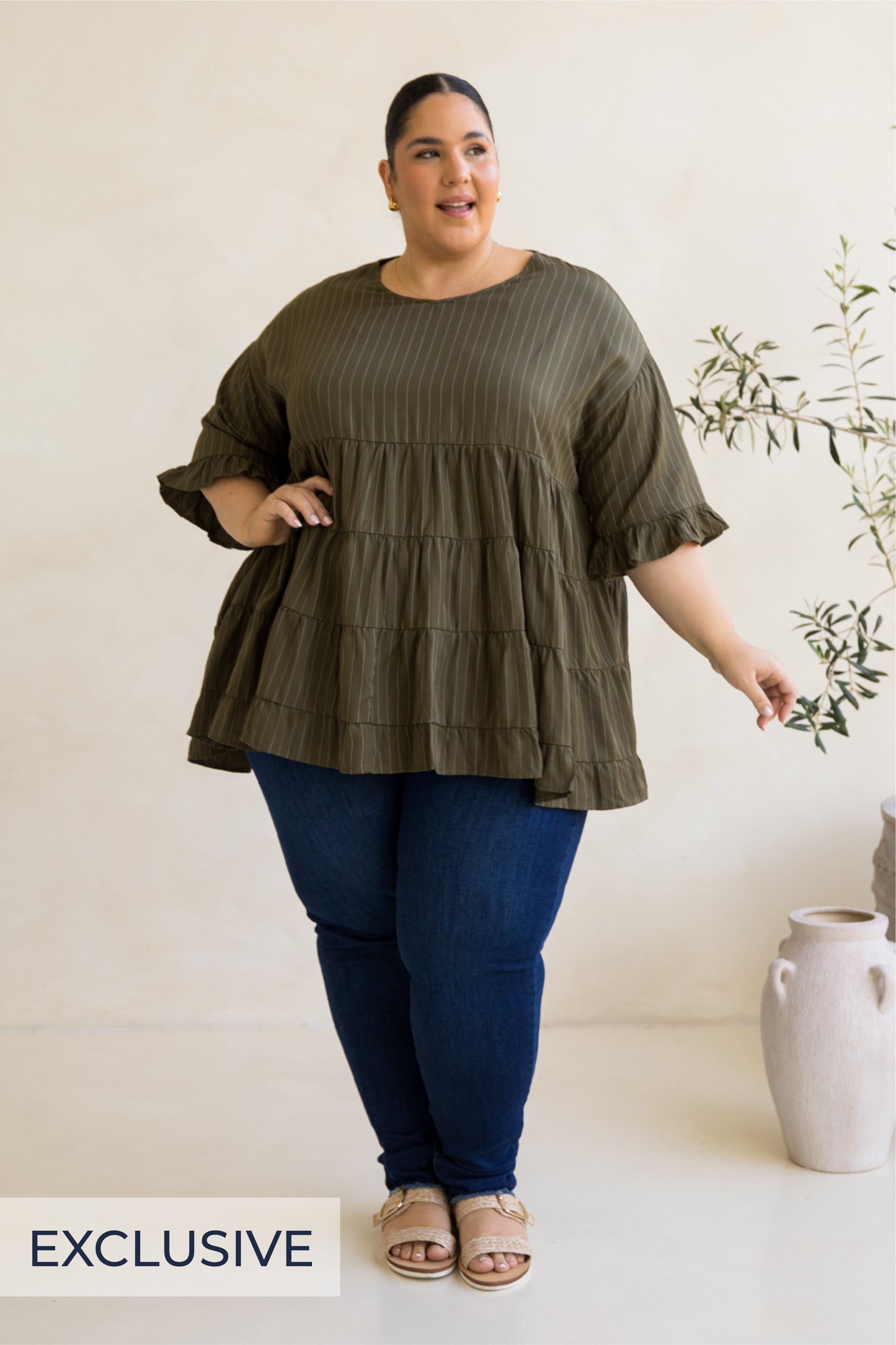 Sofia Top | Moss Green Pinstripe