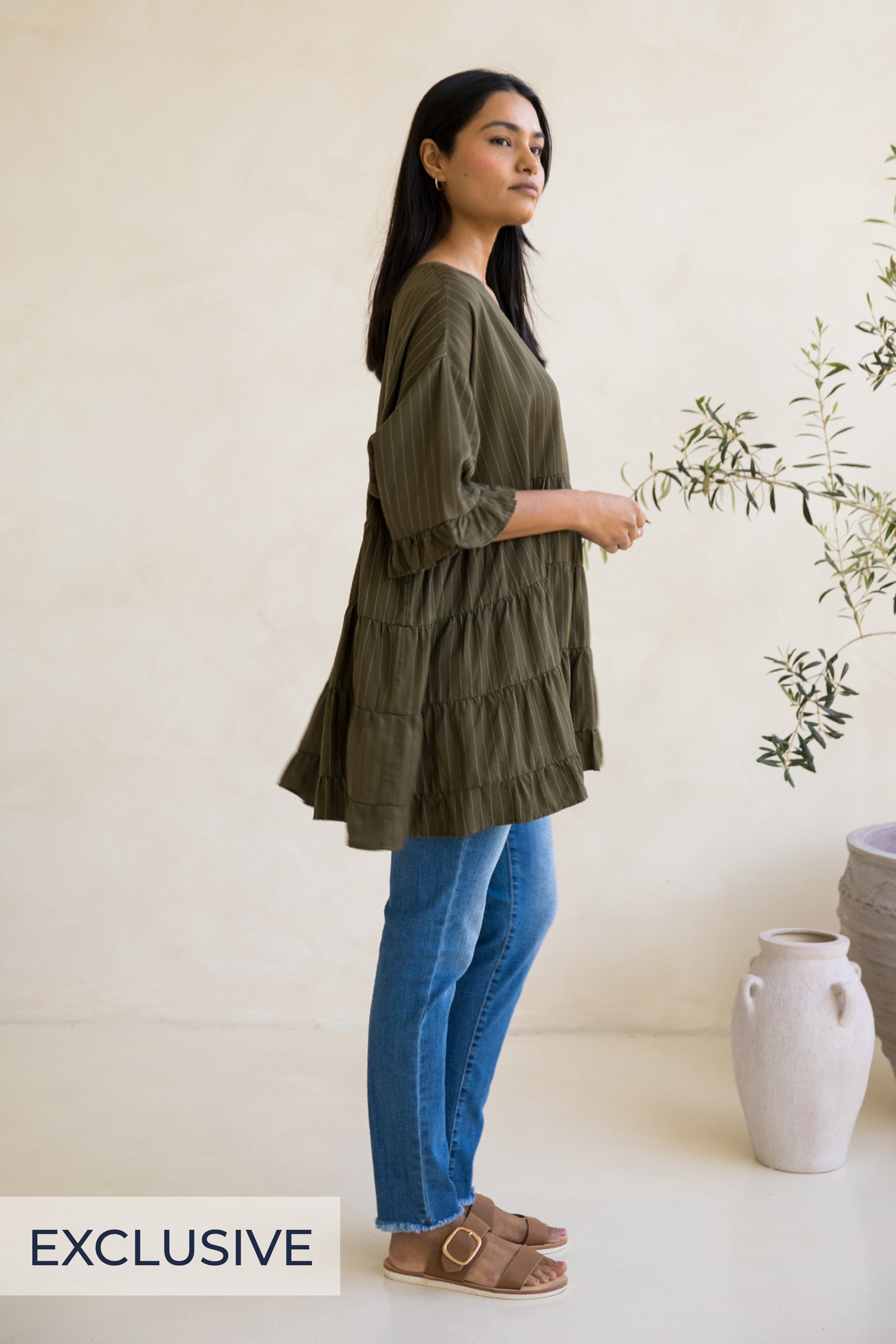 Sofia Top | Moss Green Pinstripe