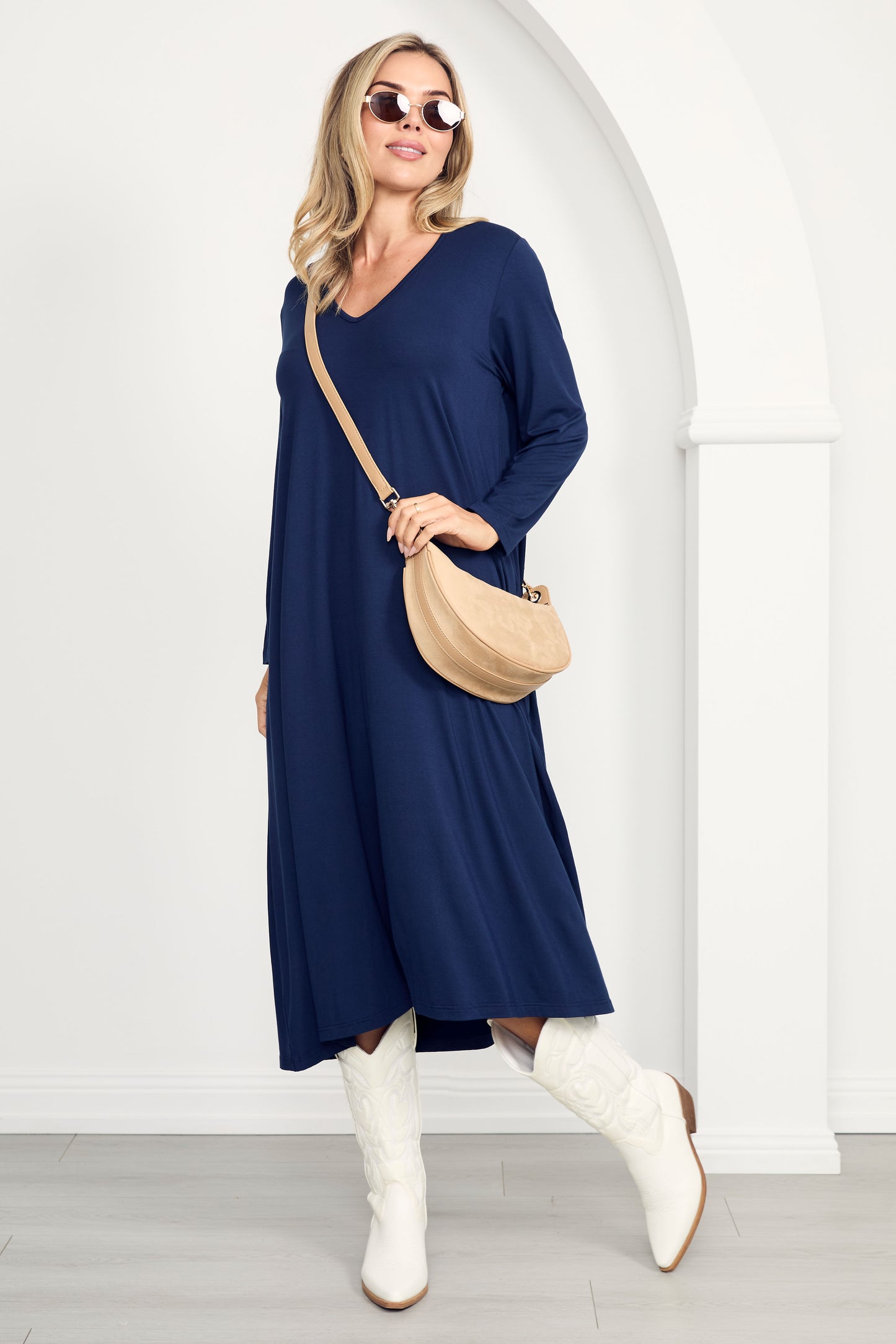 T-SHIRT Mid Sleeve Bamboo Midi Dress | Navy