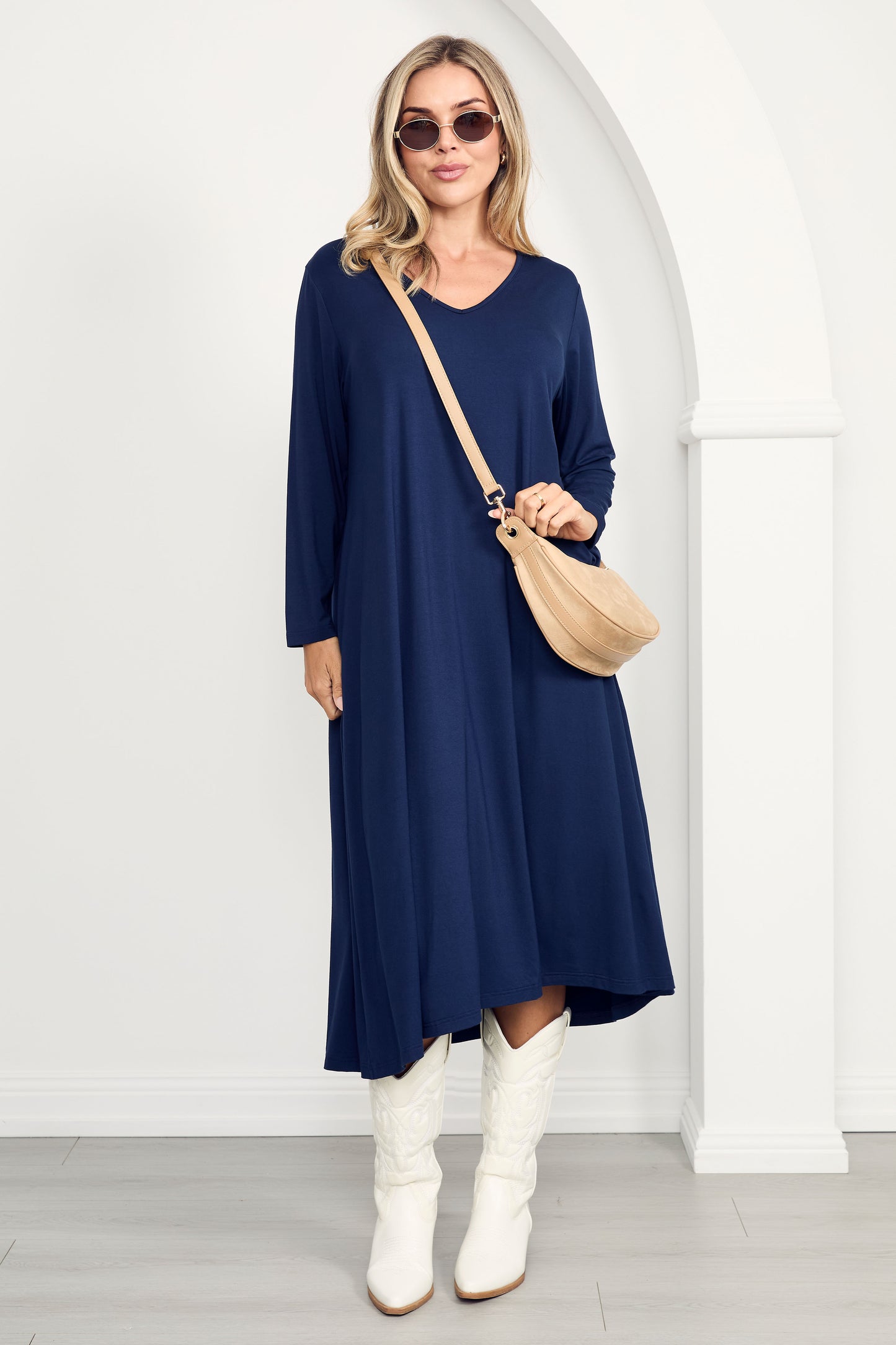 T-SHIRT Mid Sleeve Bamboo Midi Dress | Navy