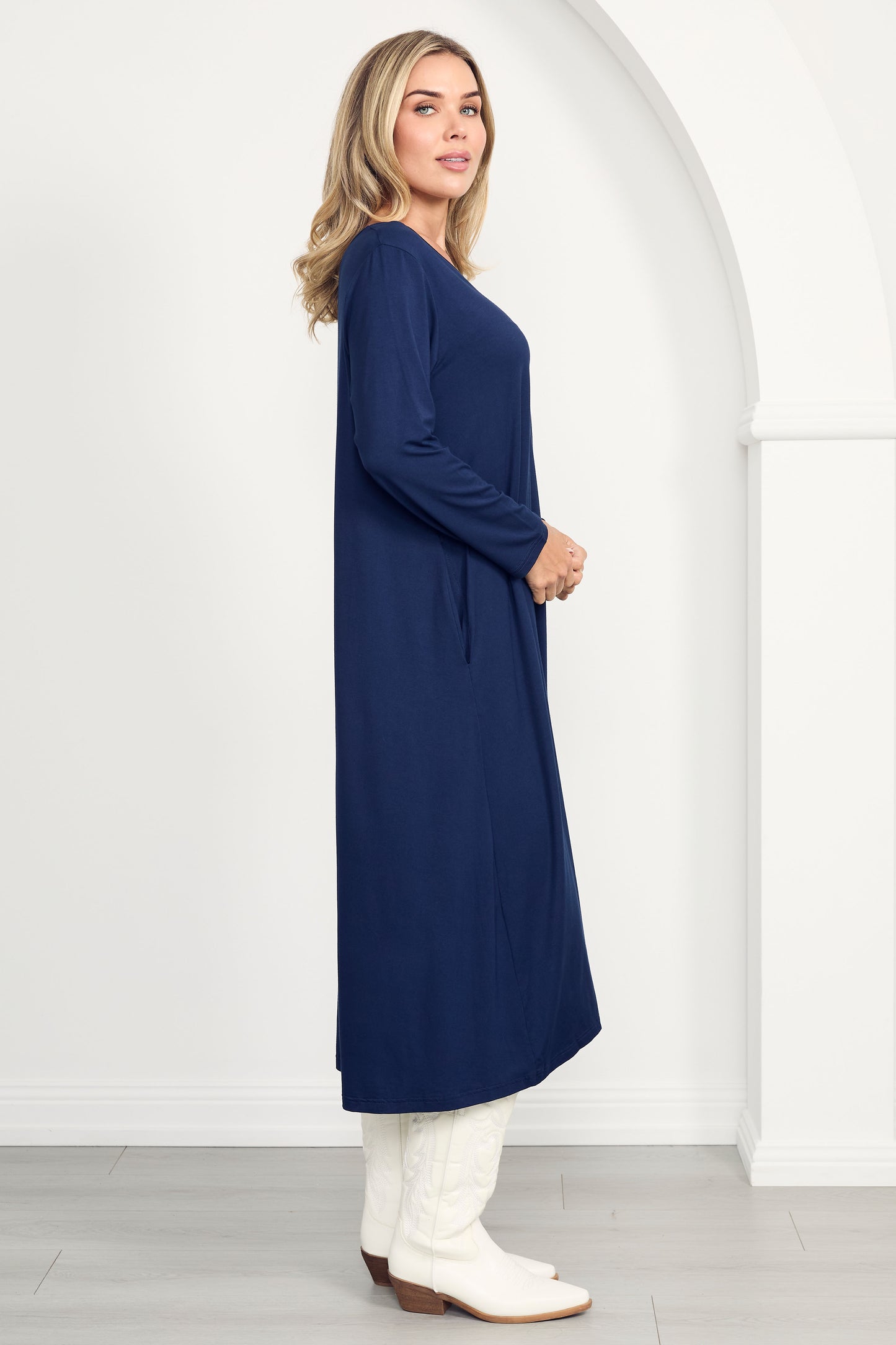 T-SHIRT Mid Sleeve Bamboo Midi Dress | Navy