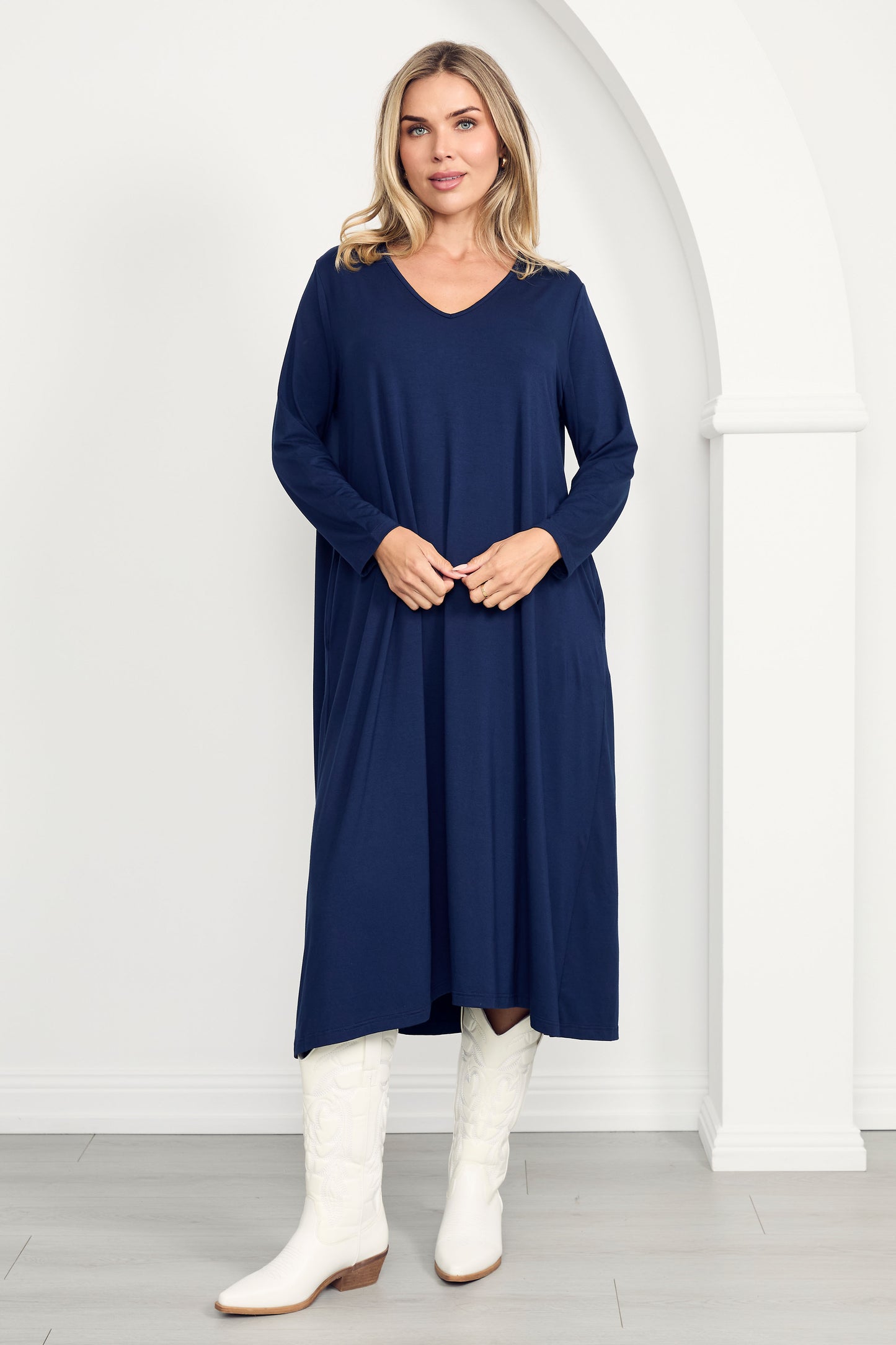 T-SHIRT Mid Sleeve Bamboo Midi Dress | Navy
