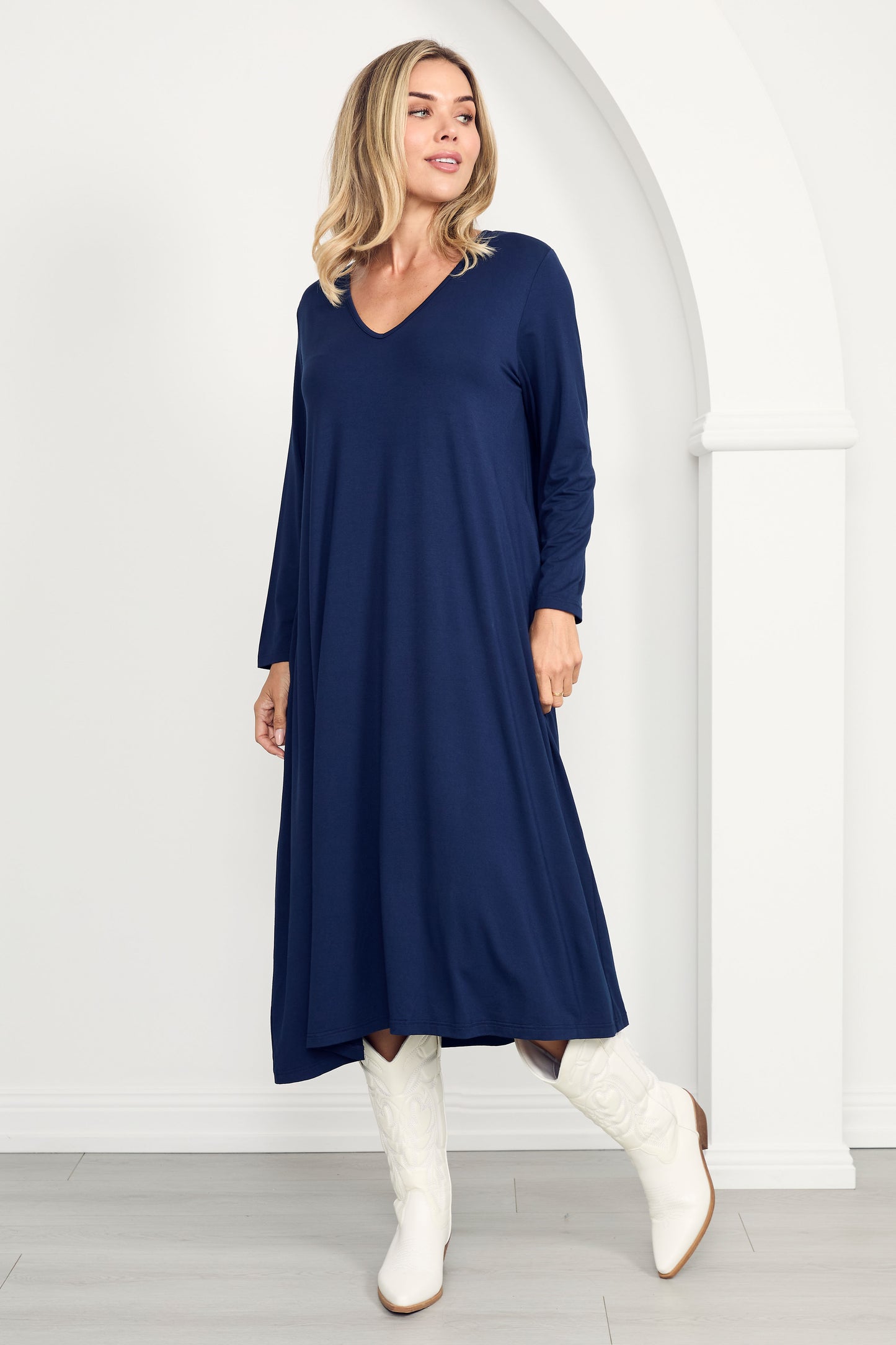 T-SHIRT Mid Sleeve Bamboo Midi Dress | Navy