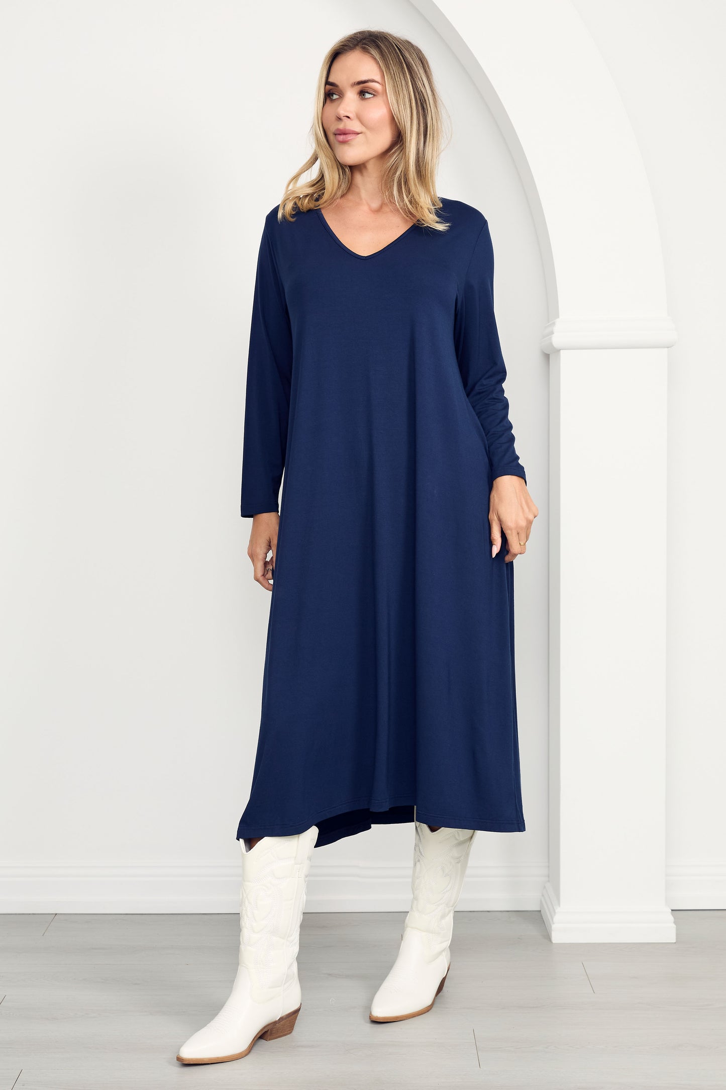 T-SHIRT Mid Sleeve Bamboo Midi Dress | Navy