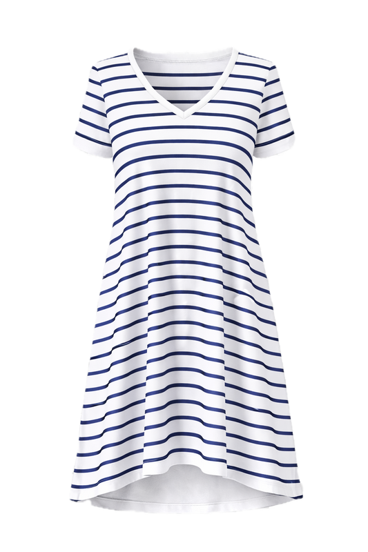 T-SHIRT Bamboo Short Sleeve Classic/Midi Dress | White/Navy Stripe