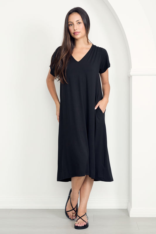 T-SHIRT Bamboo Short Sleeve Classic/Midi Dress | Black