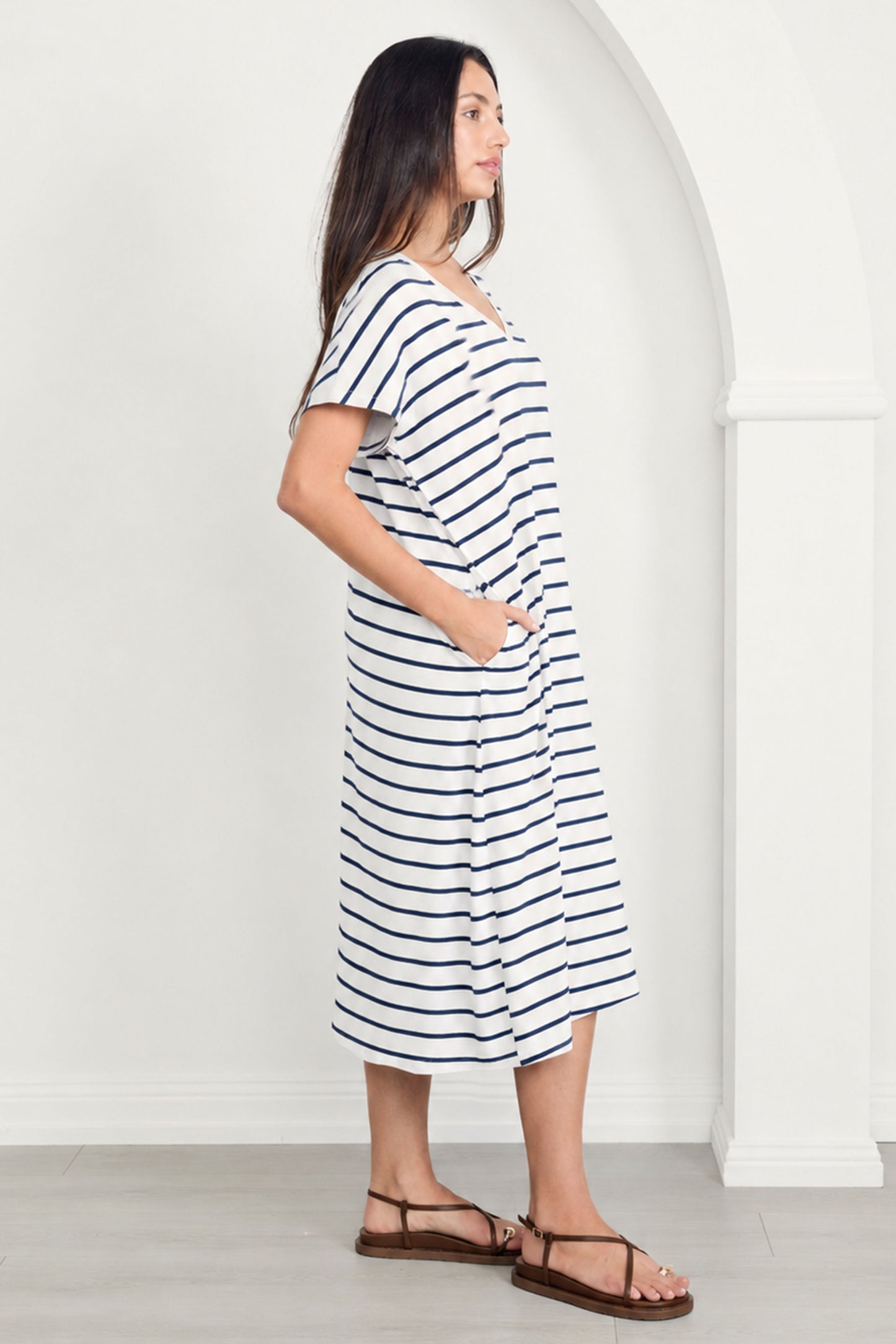 T-SHIRT Bamboo Short Sleeve Classic/Midi Dress | White/Navy Stripe