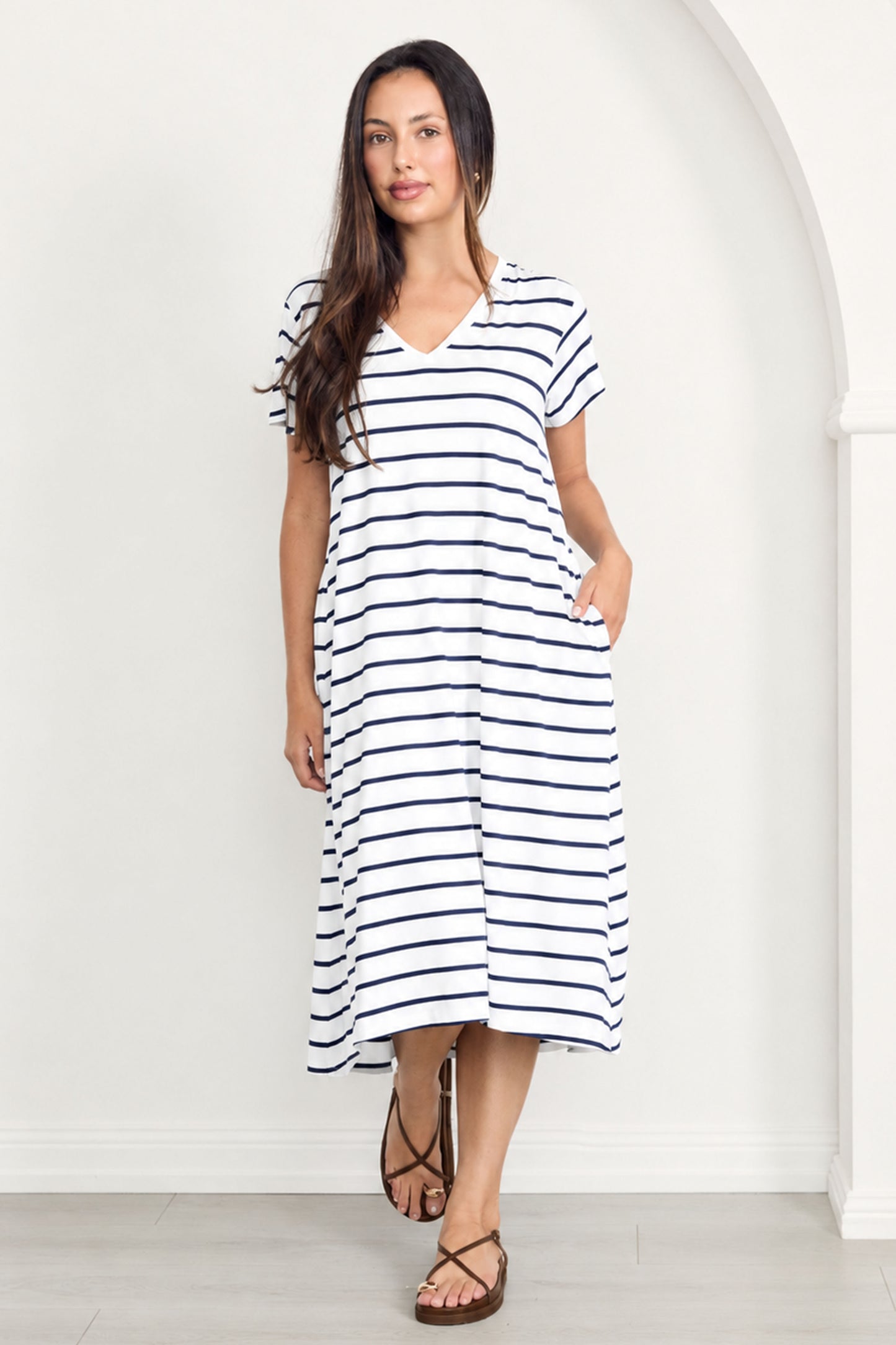 T-SHIRT Bamboo Short Sleeve Classic/Midi Dress | White/Navy Stripe