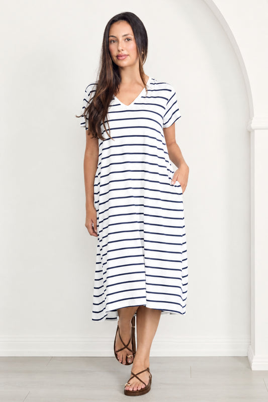T-SHIRT Bamboo Short Sleeve Classic/Midi Dress | White/Navy Stripe