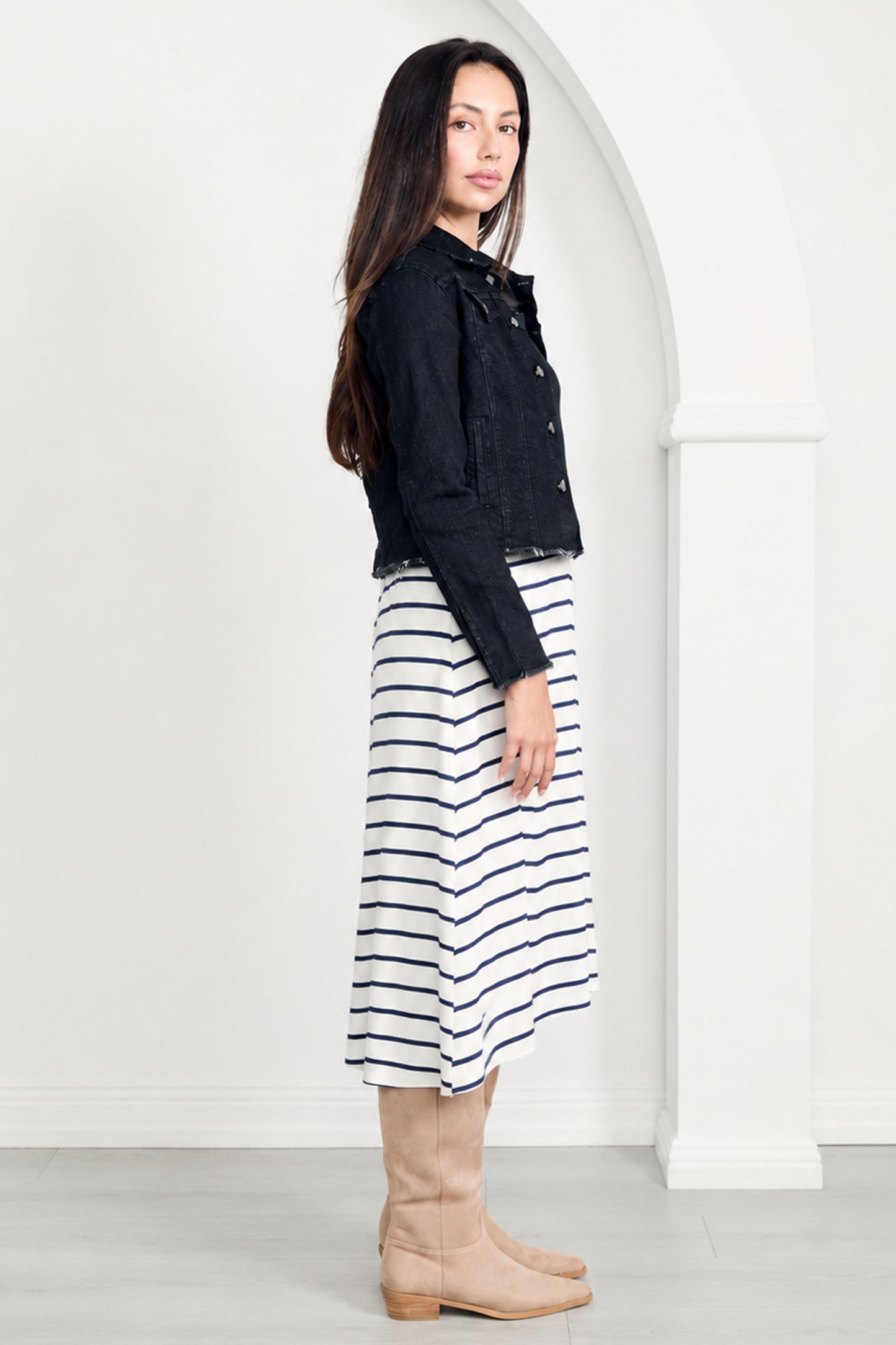 T-SHIRT Bamboo Short Sleeve Classic/Midi Dress | White/Navy Stripe