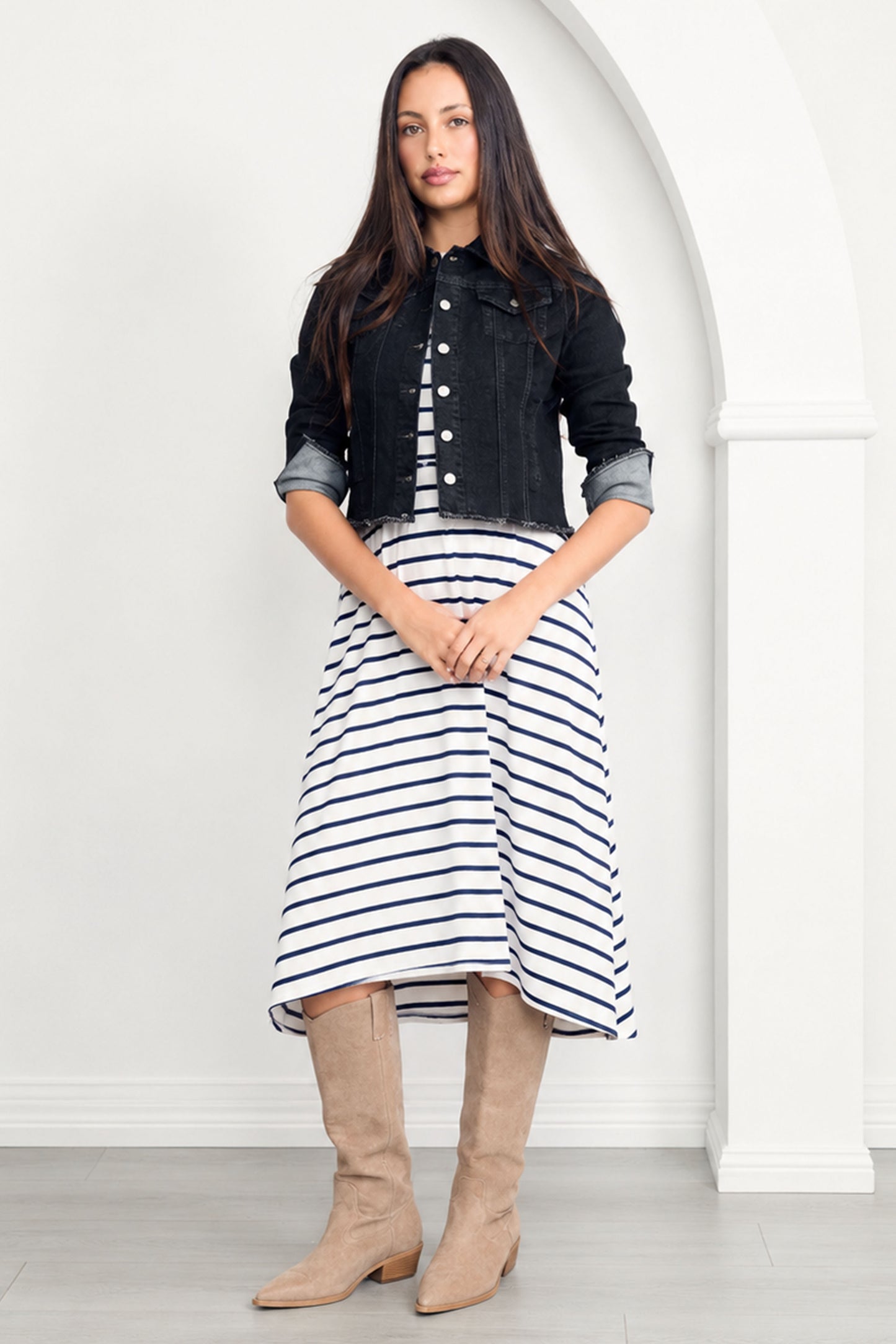 T-SHIRT Bamboo Short Sleeve Classic/Midi Dress | White/Navy Stripe