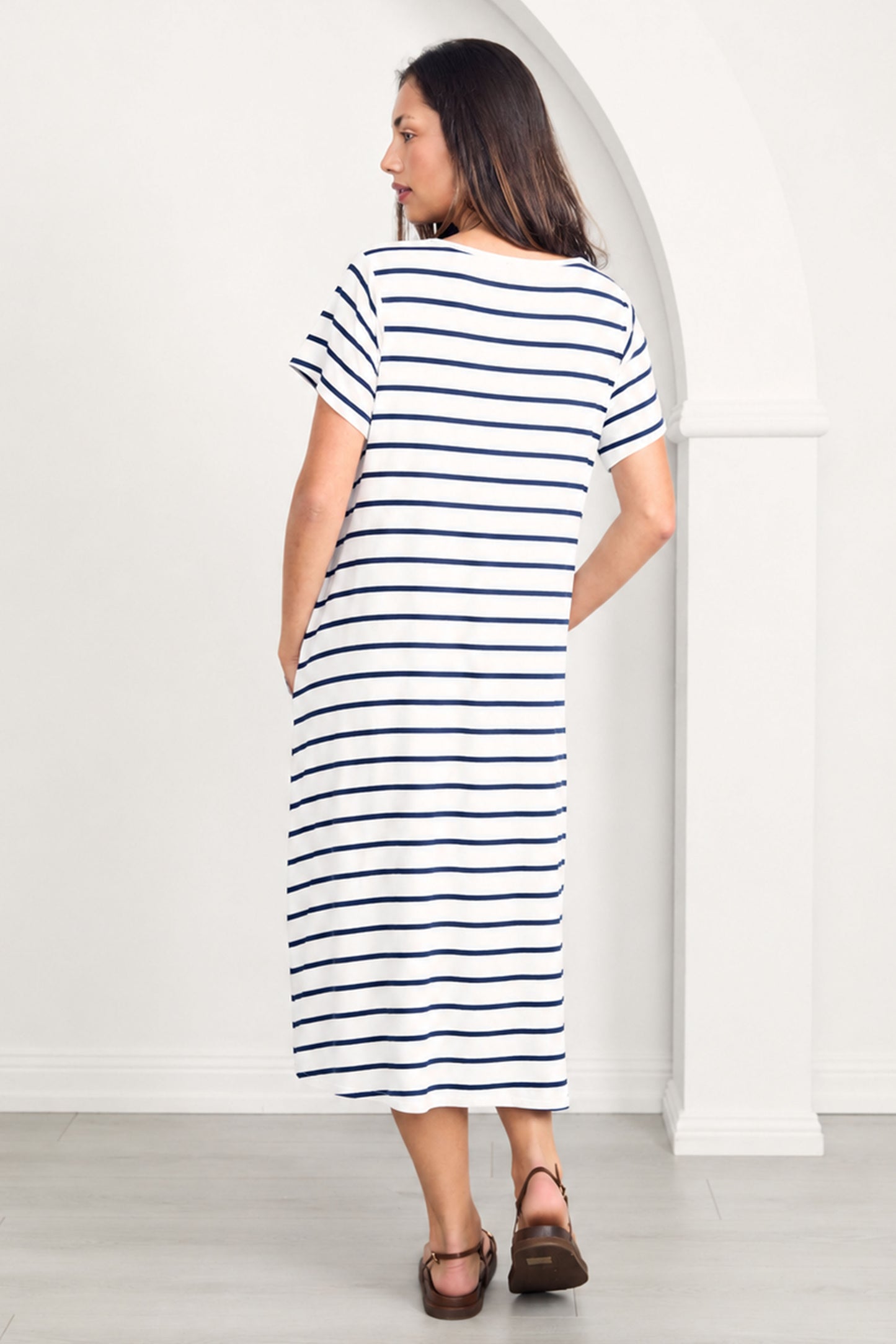 T-SHIRT Bamboo Short Sleeve Classic/Midi Dress | White/Navy Stripe