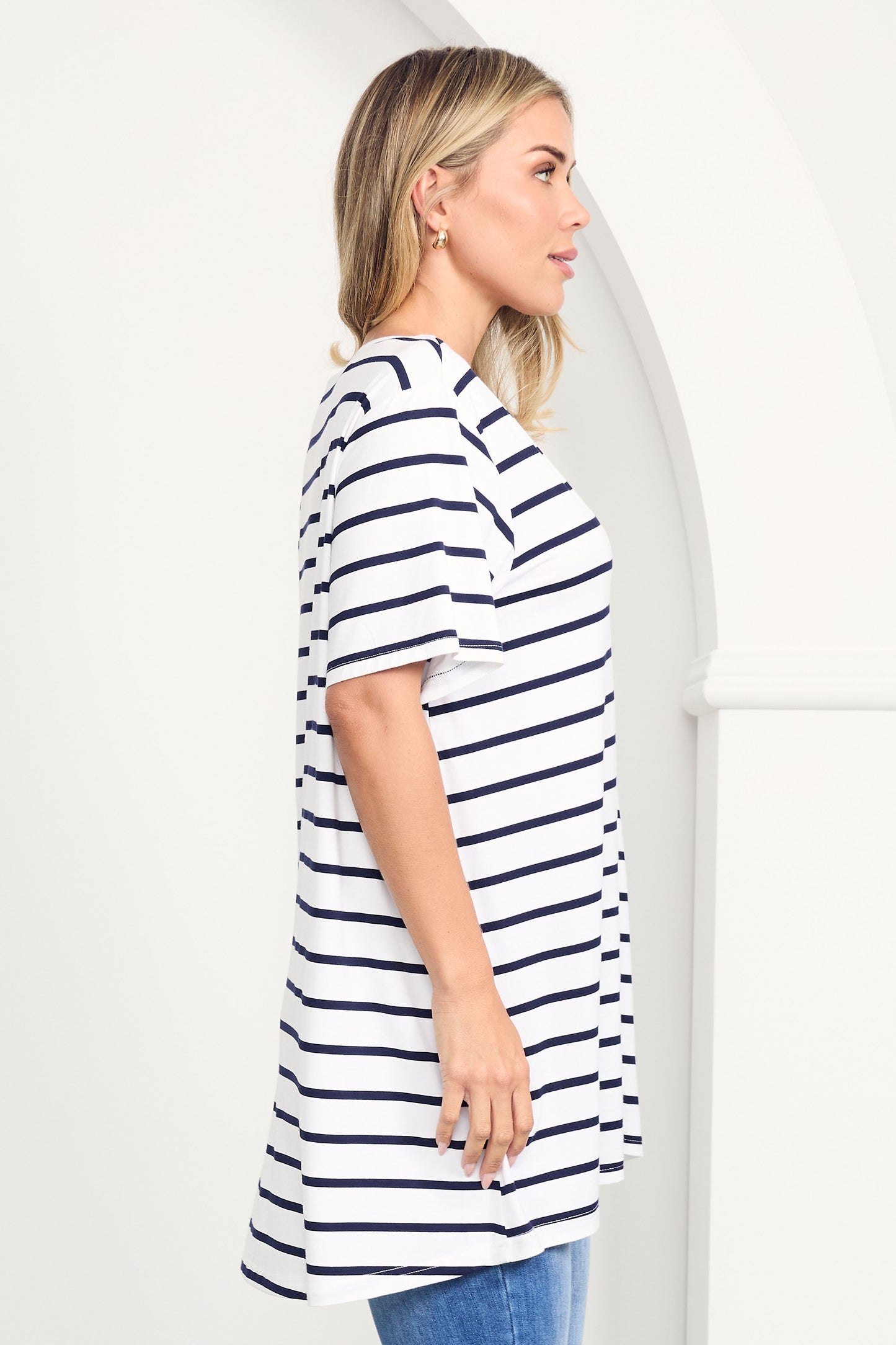 T-SHIRT Hi Lo Bamboo Top | White/Navy Stripe