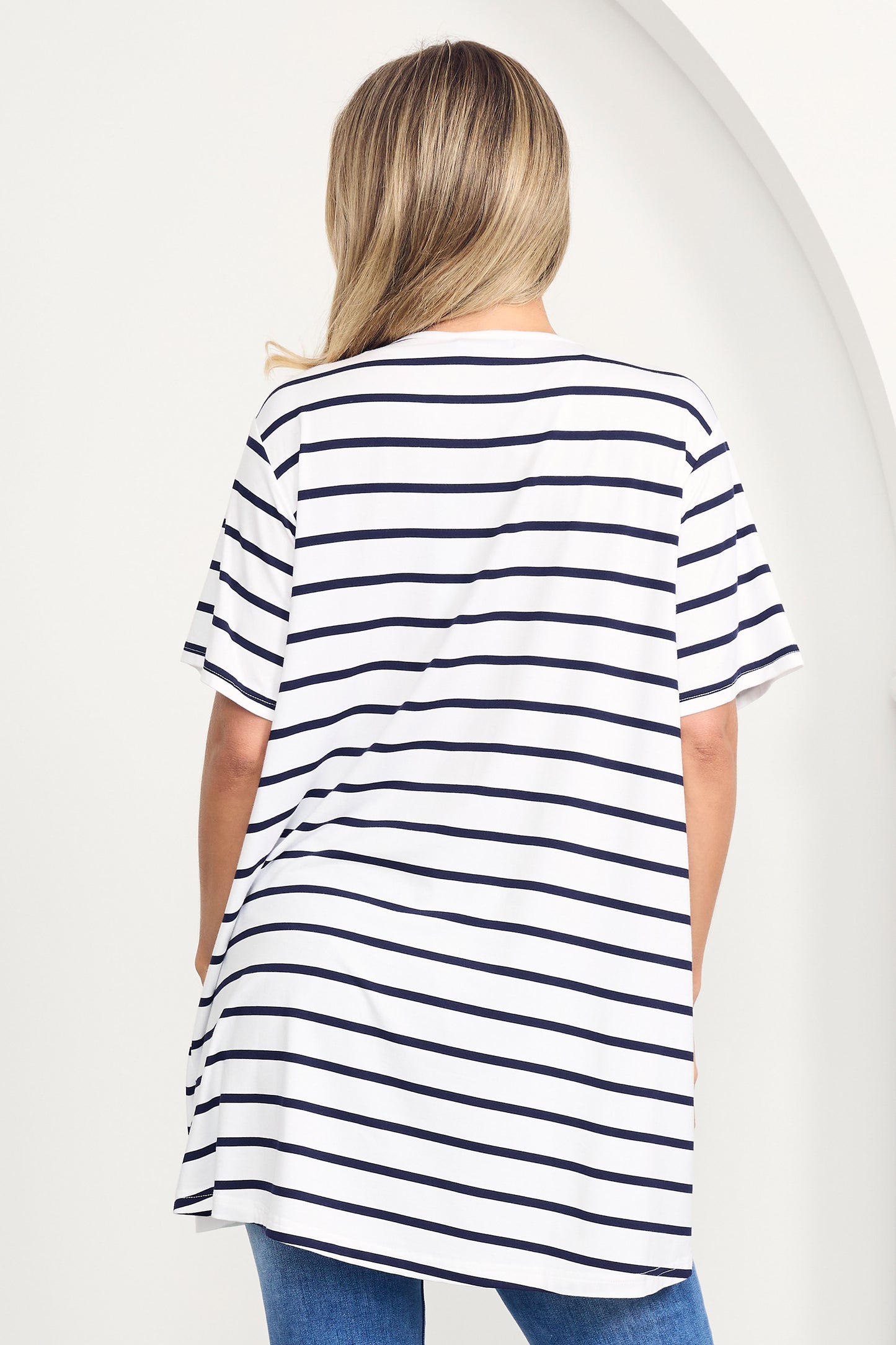 T-SHIRT Hi Lo Bamboo Top | White/Navy Stripe