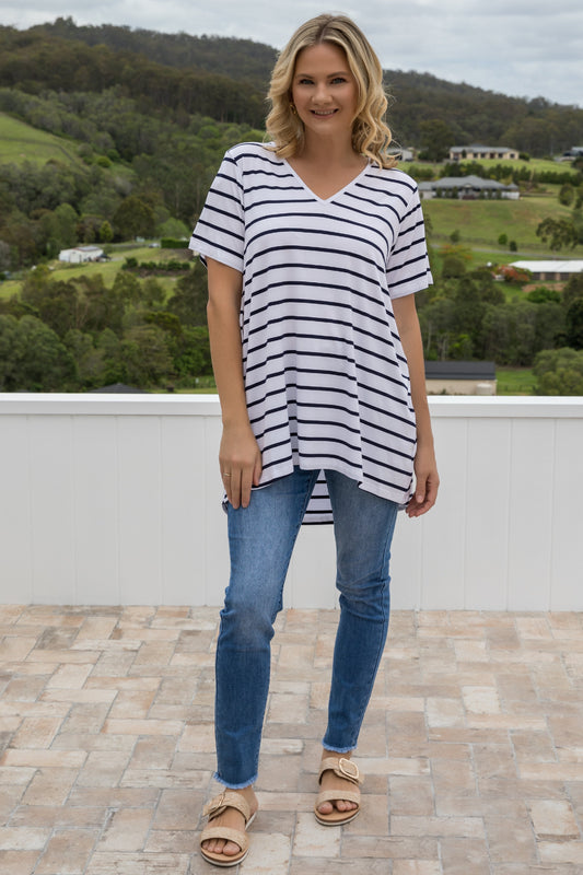T-Shirt Bamboo Top | White/Navy Stripe | FINAL SALE