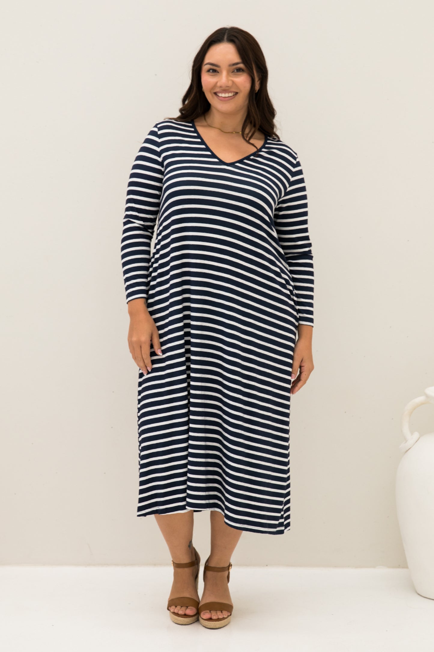 Long Sleeve T-Shirt Dress | Navy/White Stripe