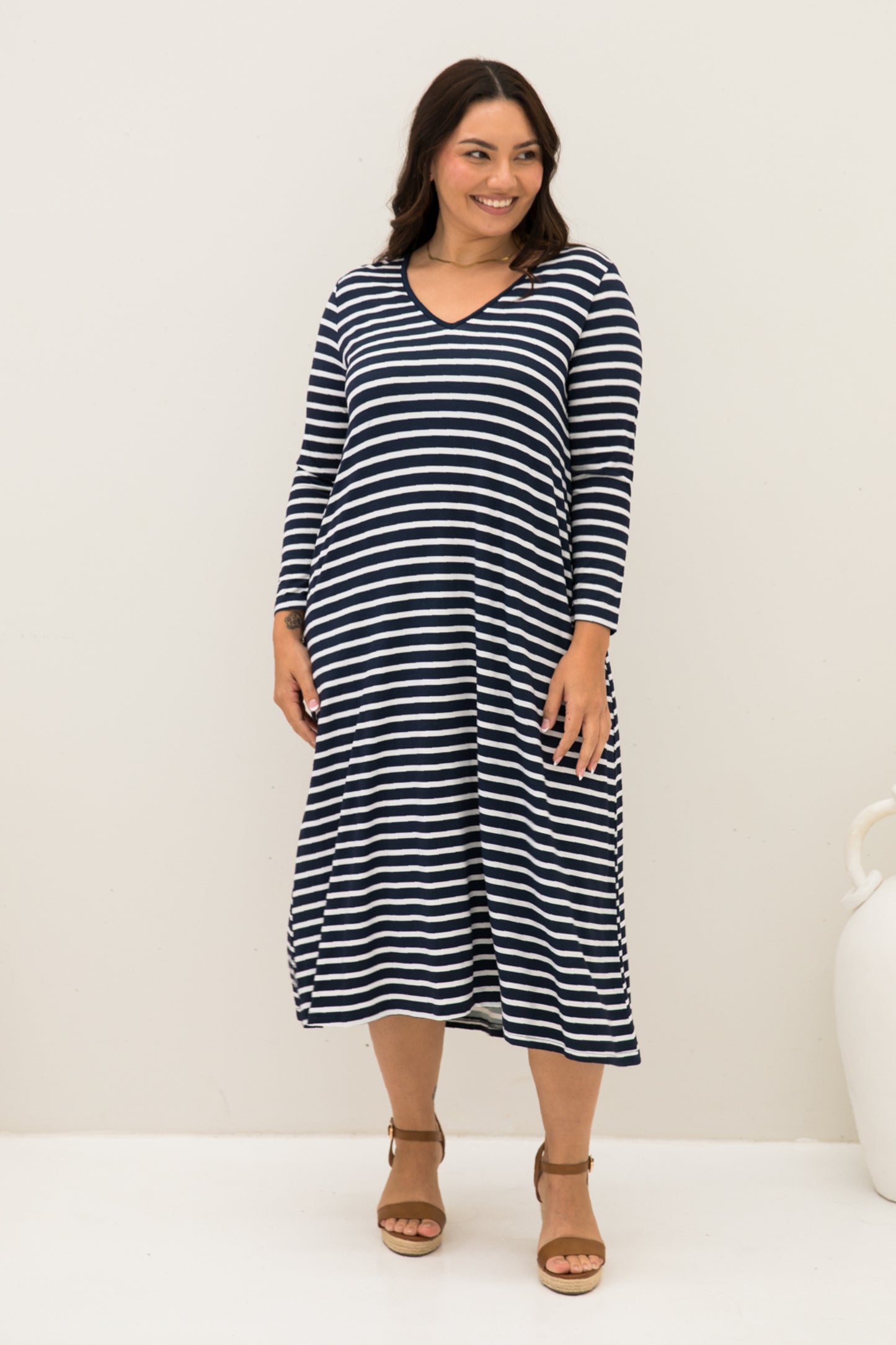 Long Sleeve T-Shirt Dress | Navy/White Stripe