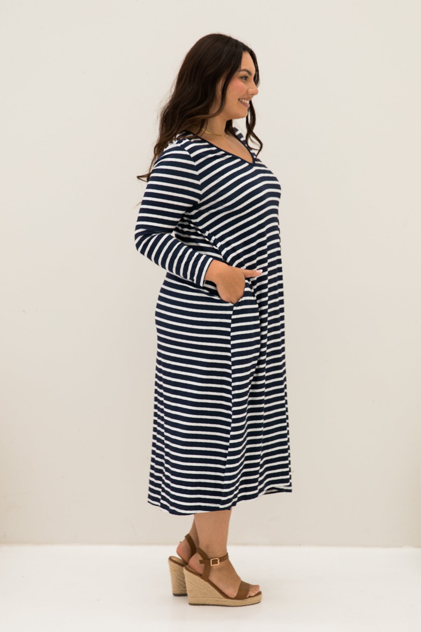 Long Sleeve T-Shirt Dress | Navy/White Stripe