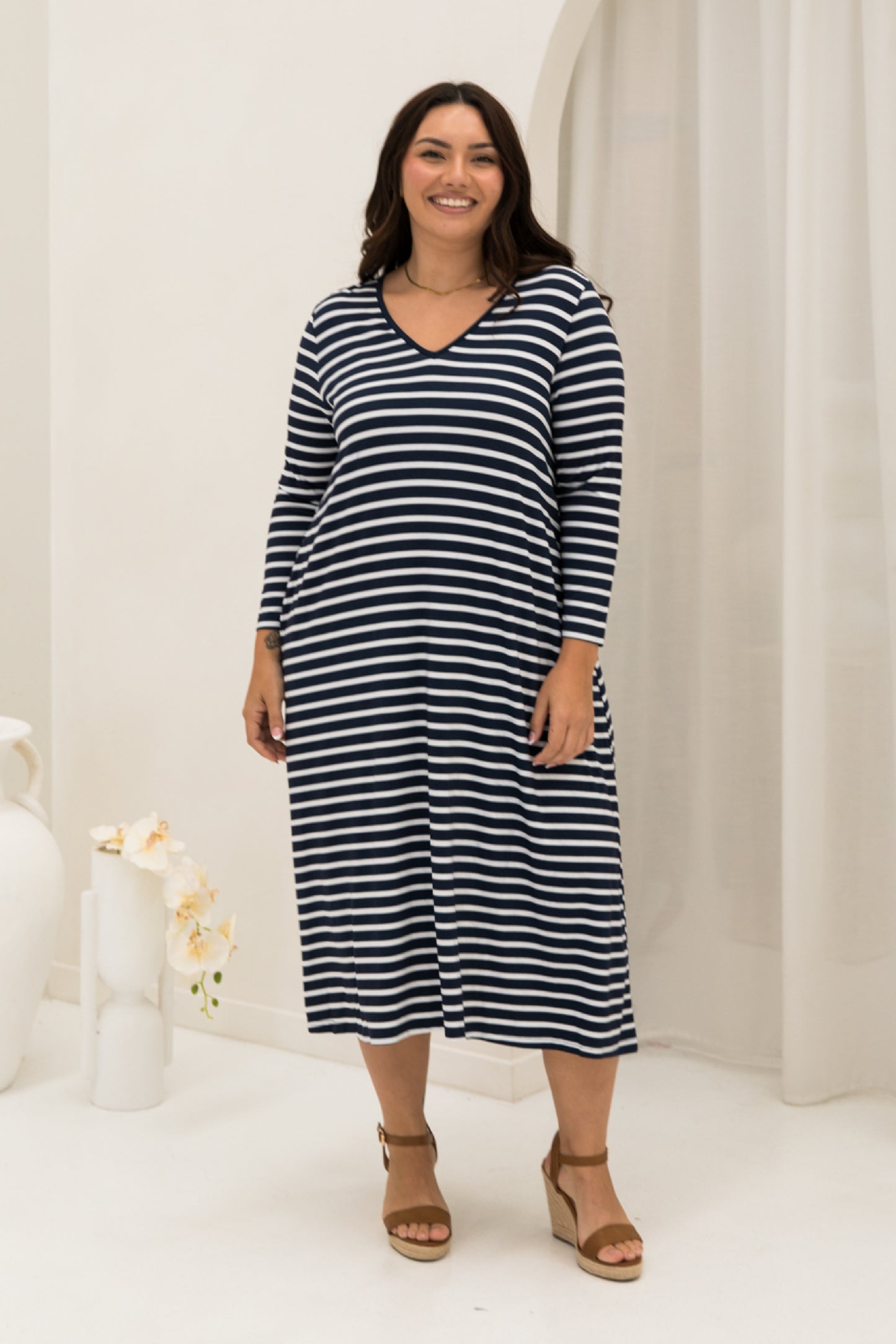 Long Sleeve T-Shirt Dress | Navy/White Stripe