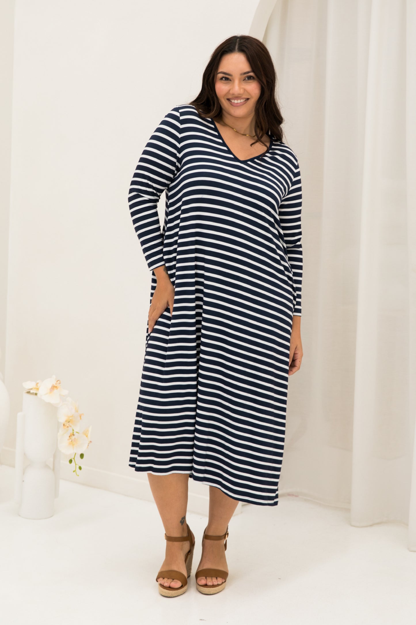 Long Sleeve T-Shirt Dress | Navy/White Stripe