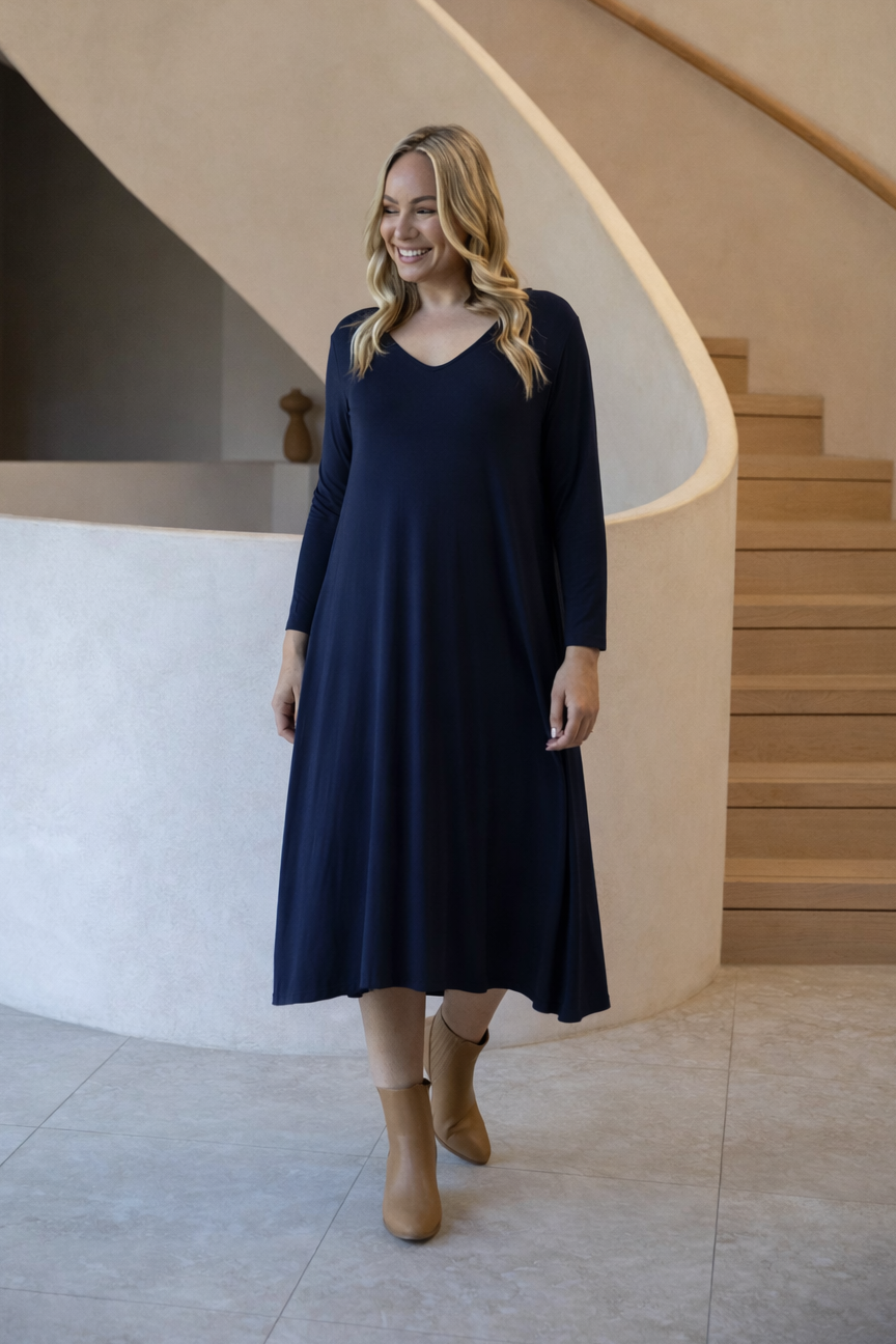 T-SHIRT Mid Sleeve Bamboo Midi Dress | Navy