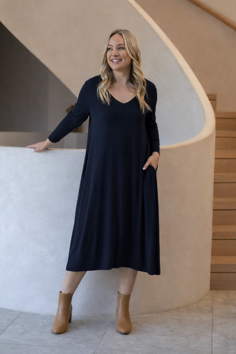T-SHIRT Mid Sleeve Bamboo Midi Dress | Navy