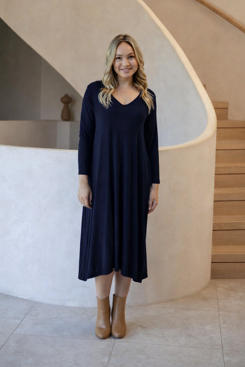 T-SHIRT Mid Sleeve Bamboo Midi Dress | Navy