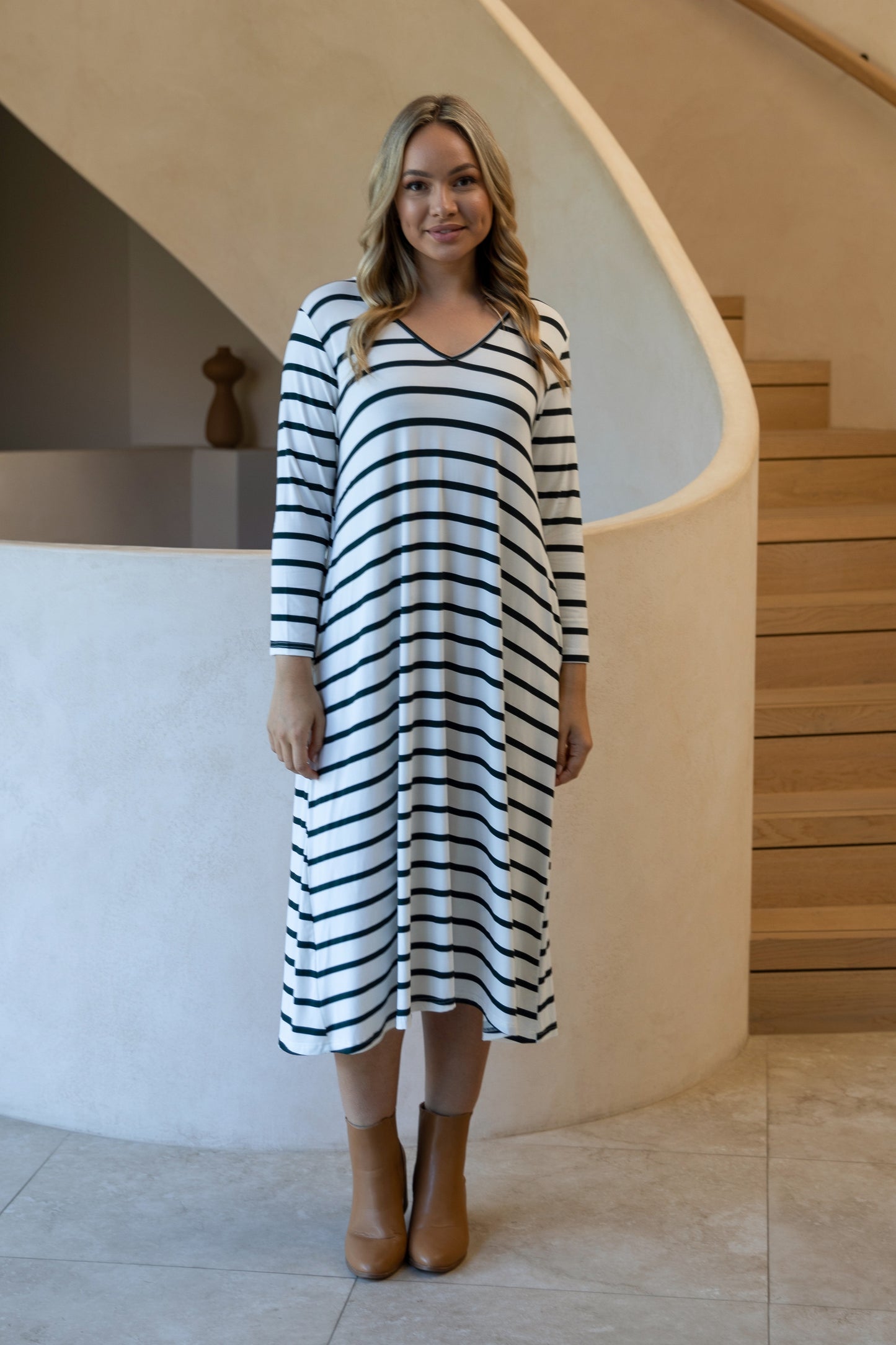 Long Sleeve T-Shirt Dress in Pistachio Stripe