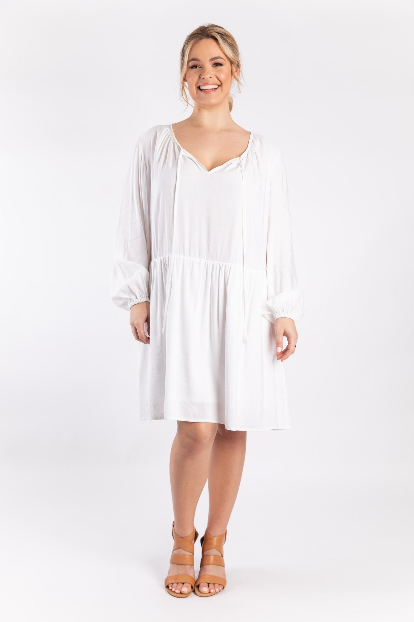 Long Sleeve Tie Front Midi Dress in White