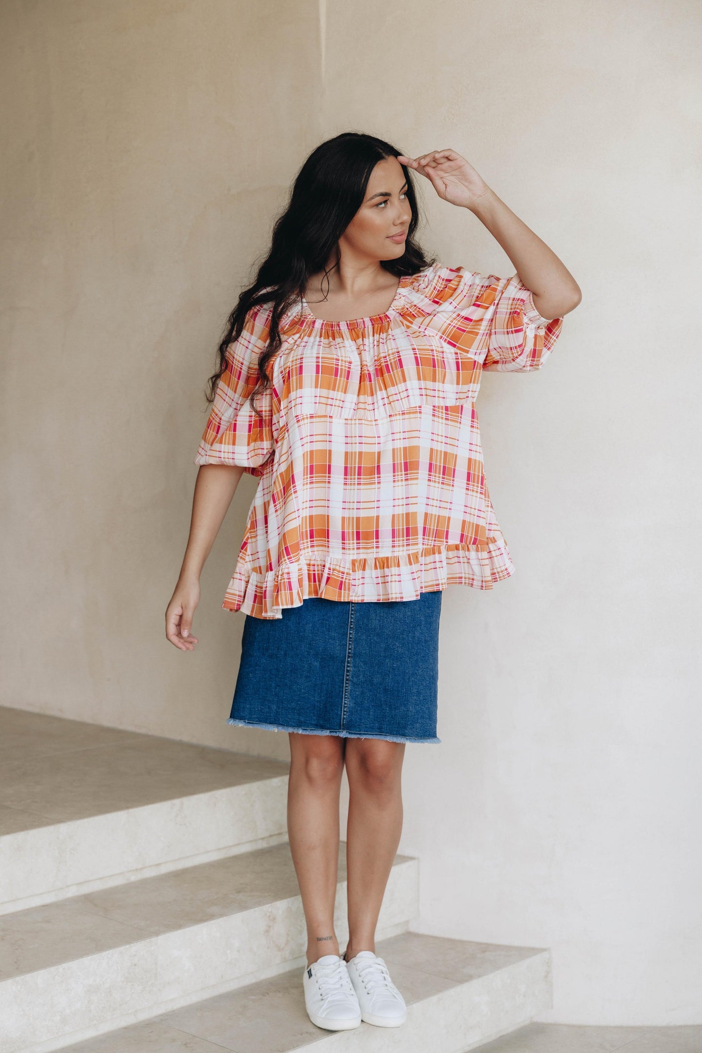 Elfie Ruffle Top | Ember Check | FINAL SALE