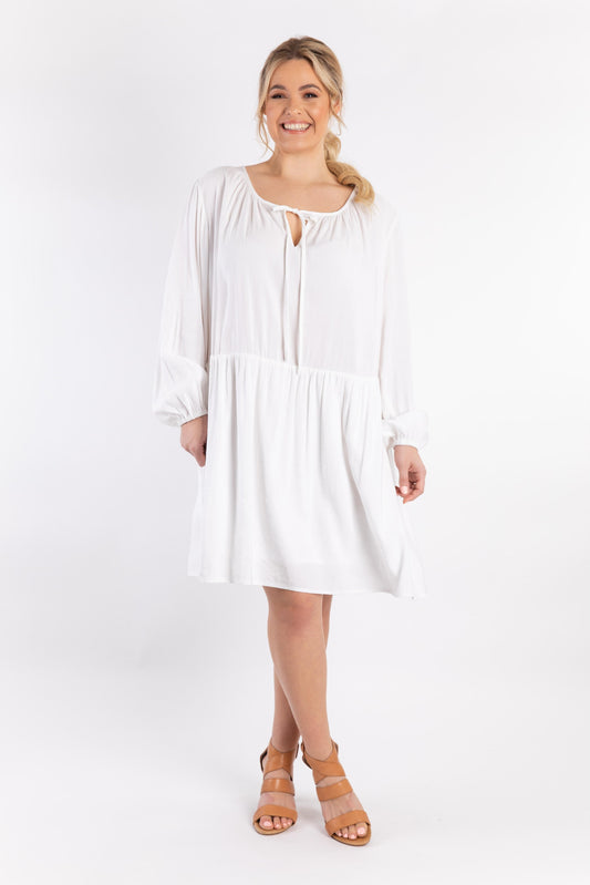 Long Sleeve Tie Front Midi Dress in White